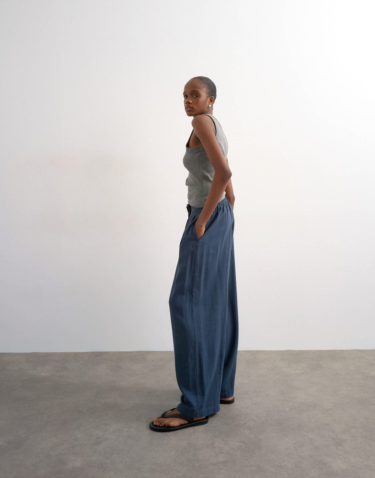 Topshop linen balloon trouser with tie waist in slate