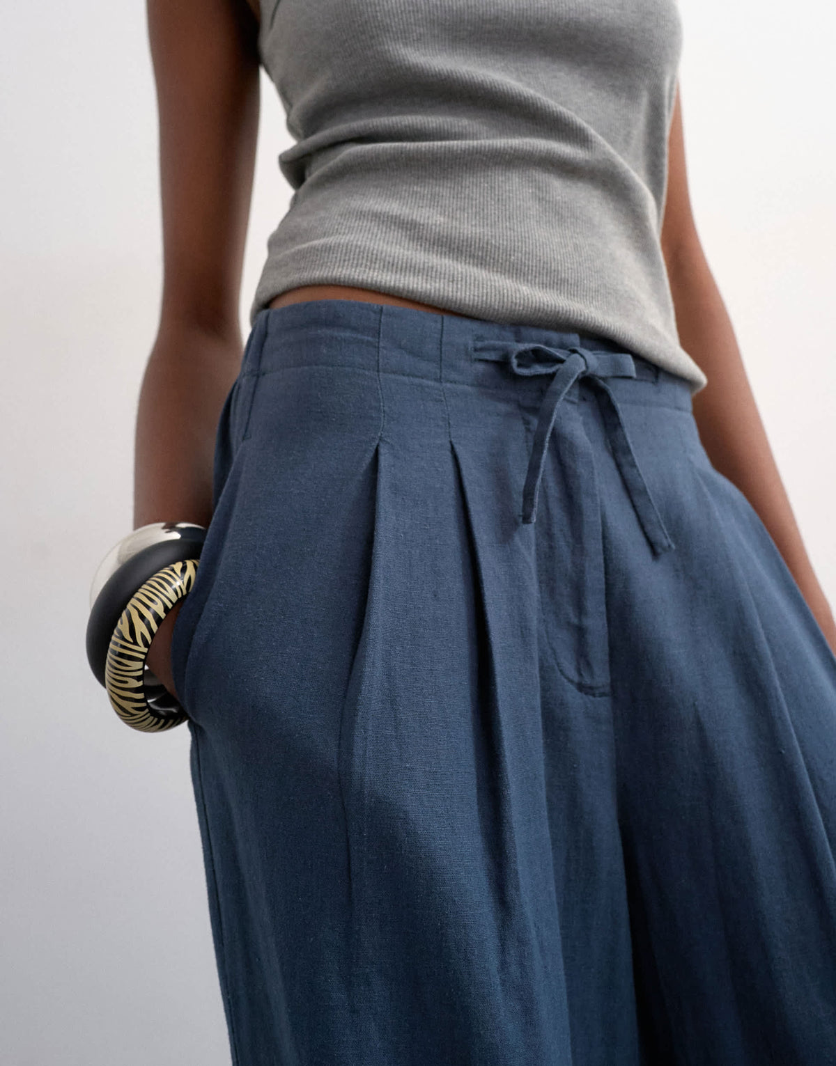 Topshop linen balloon trouser with tie waist in slate