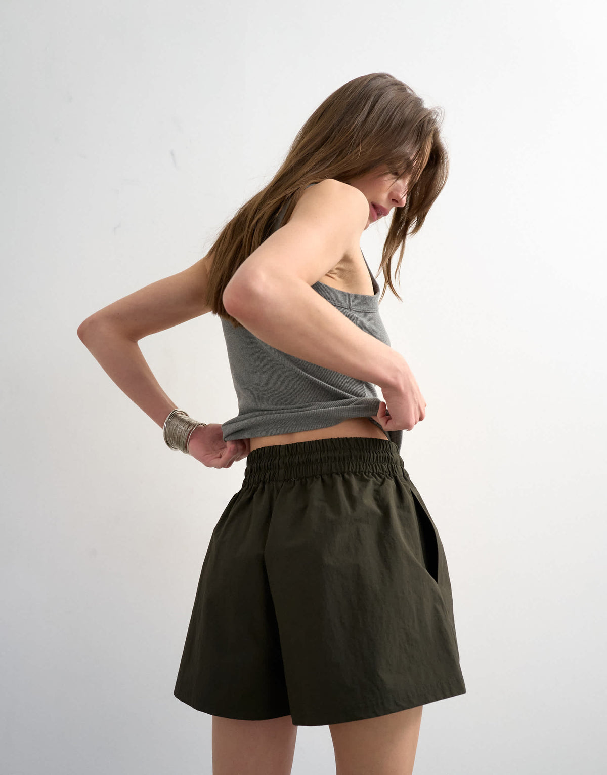 Topshop nylon runner short with insert ties in dark green