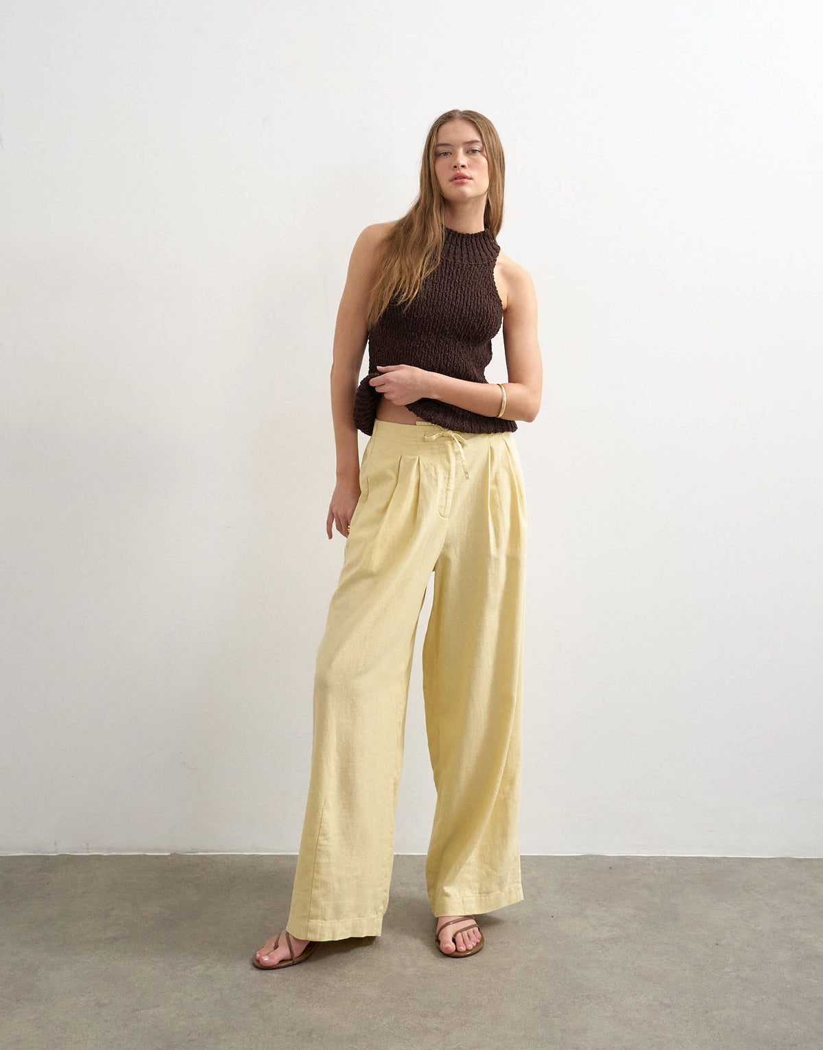 Topshop linen balloon trouser with tie waist in buttermilk