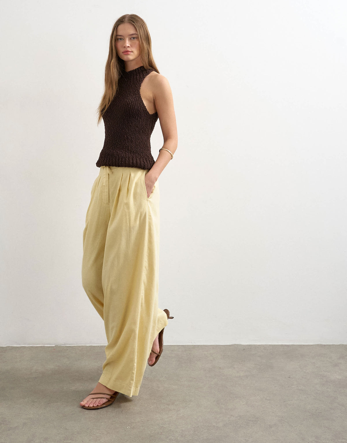 Topshop linen balloon trouser with tie waist in buttermilk