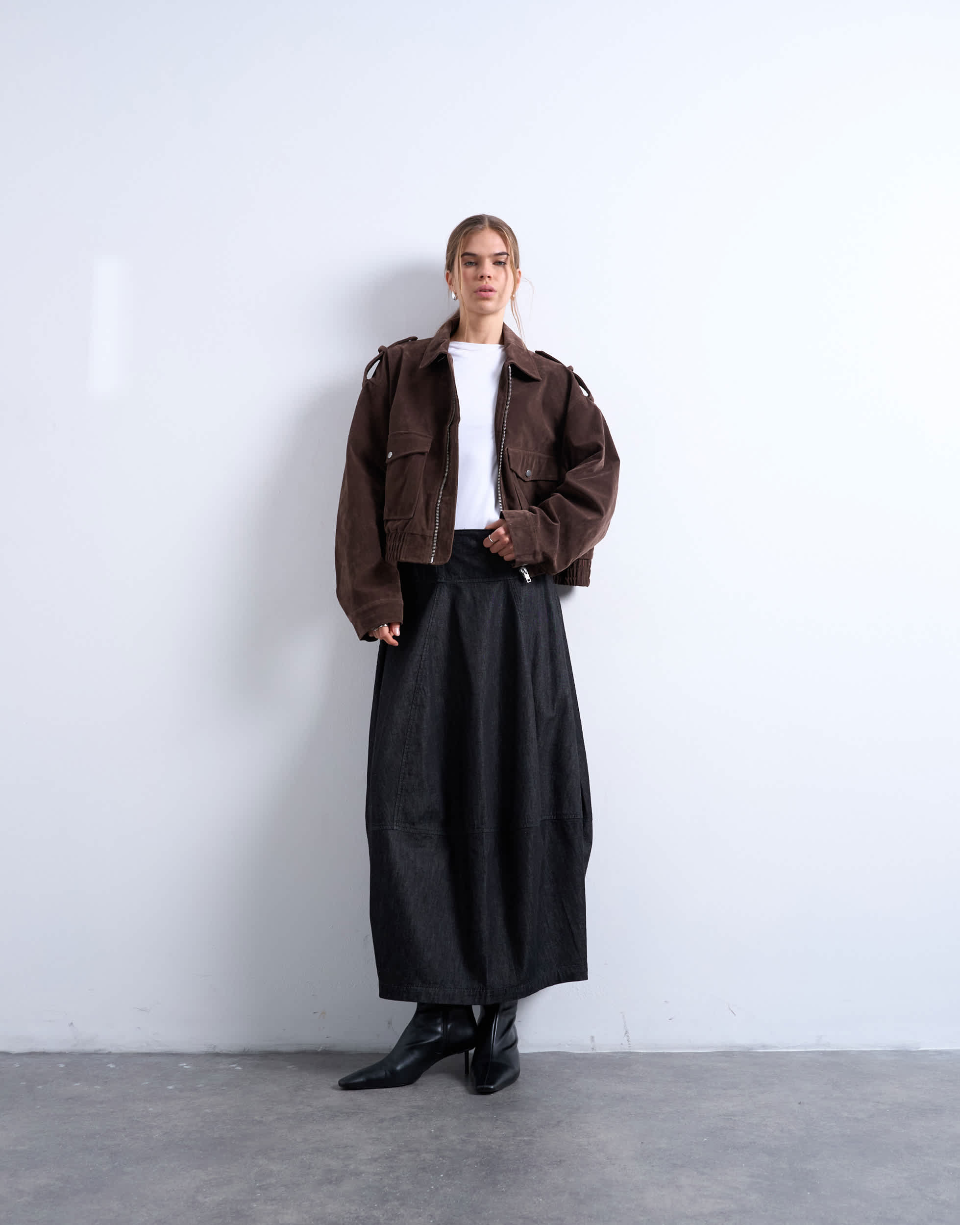 Topshop denim seamed barrel maxi skirt in black