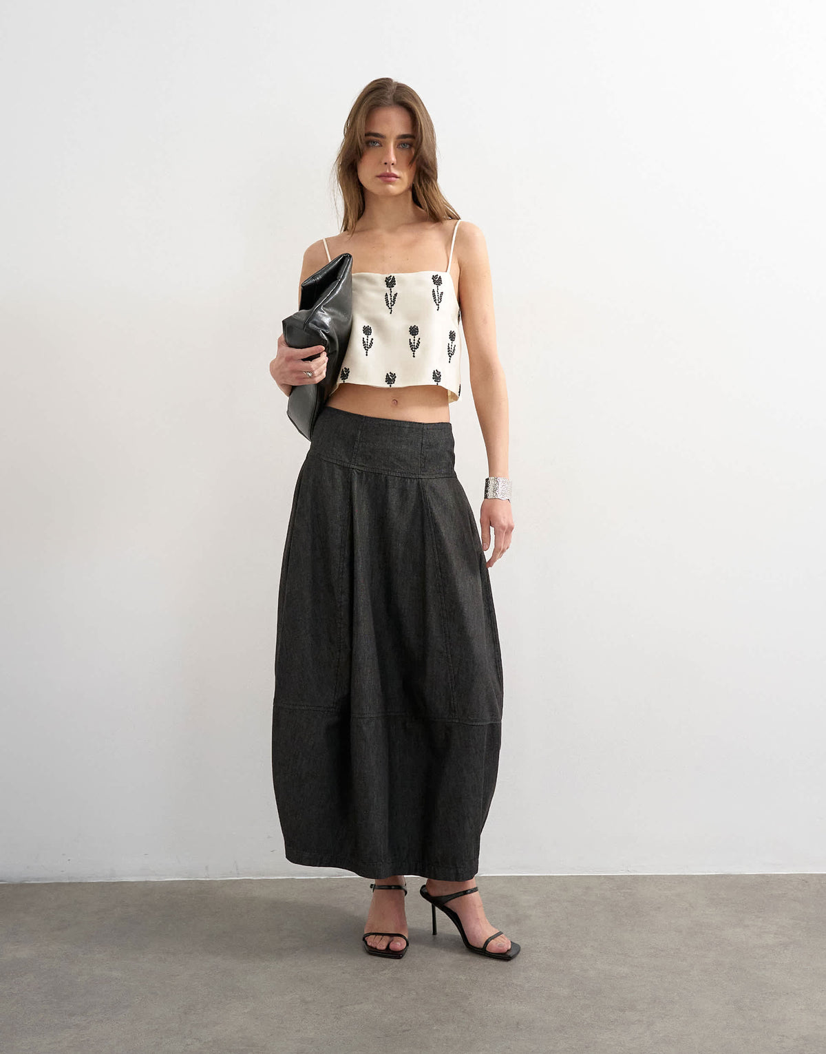Topshop denim seamed barrel maxi skirt in black