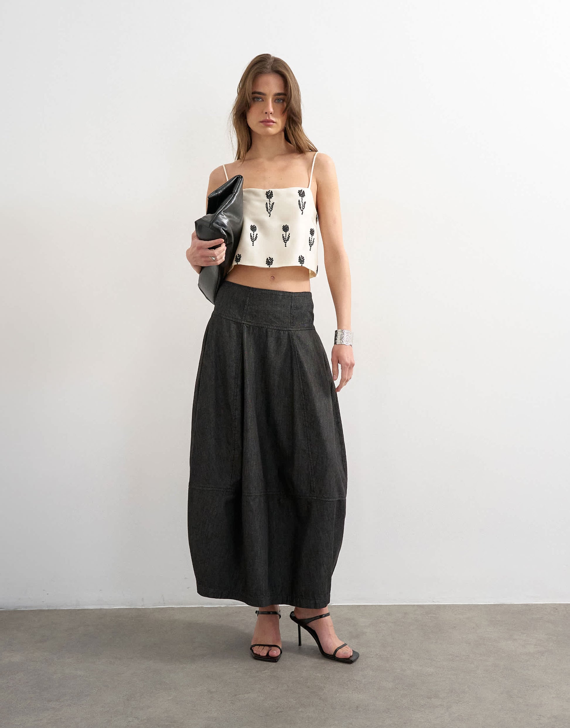 Topshop denim seamed barrel maxi skirt in black