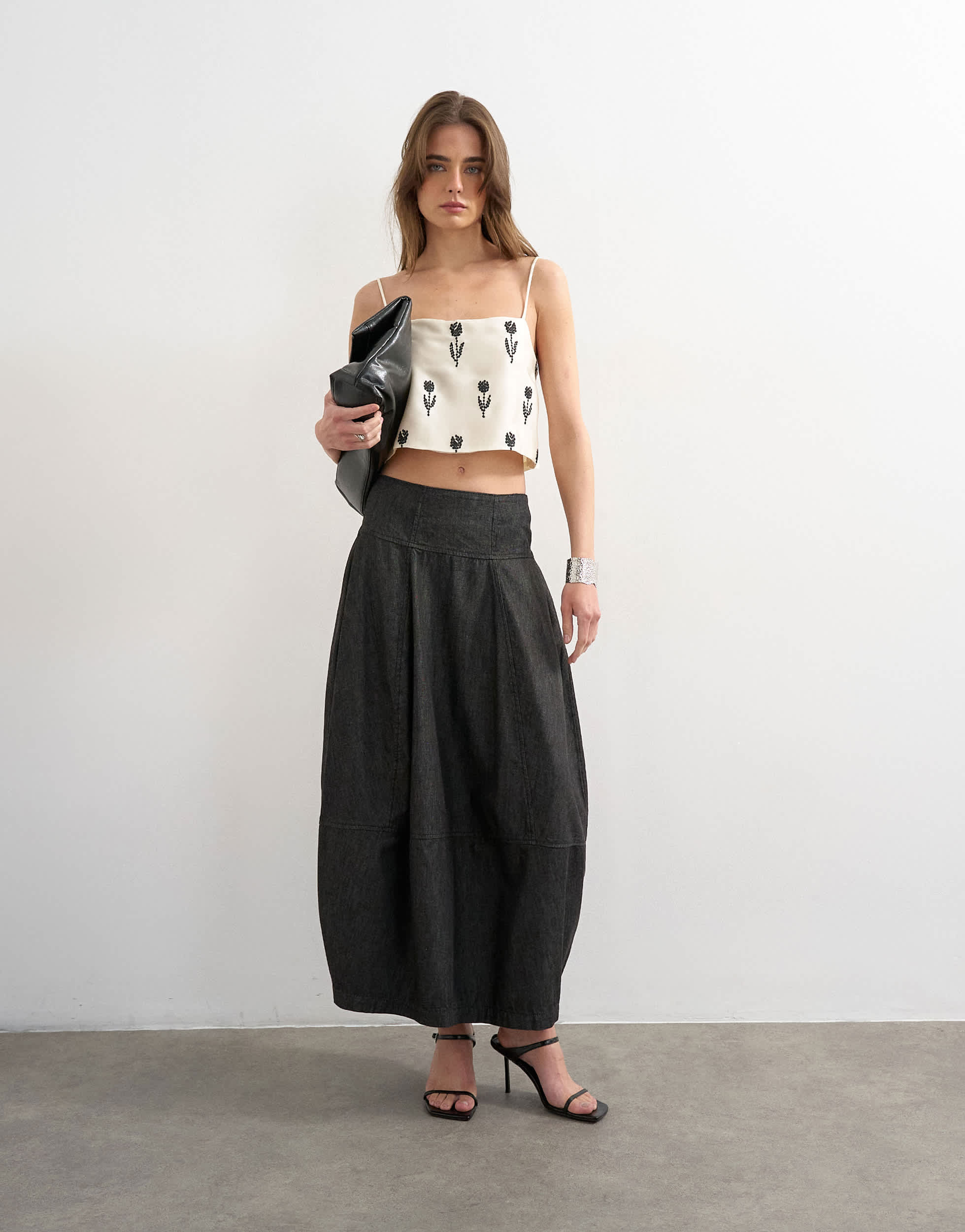 Topshop denim seamed barrel maxi skirt in black