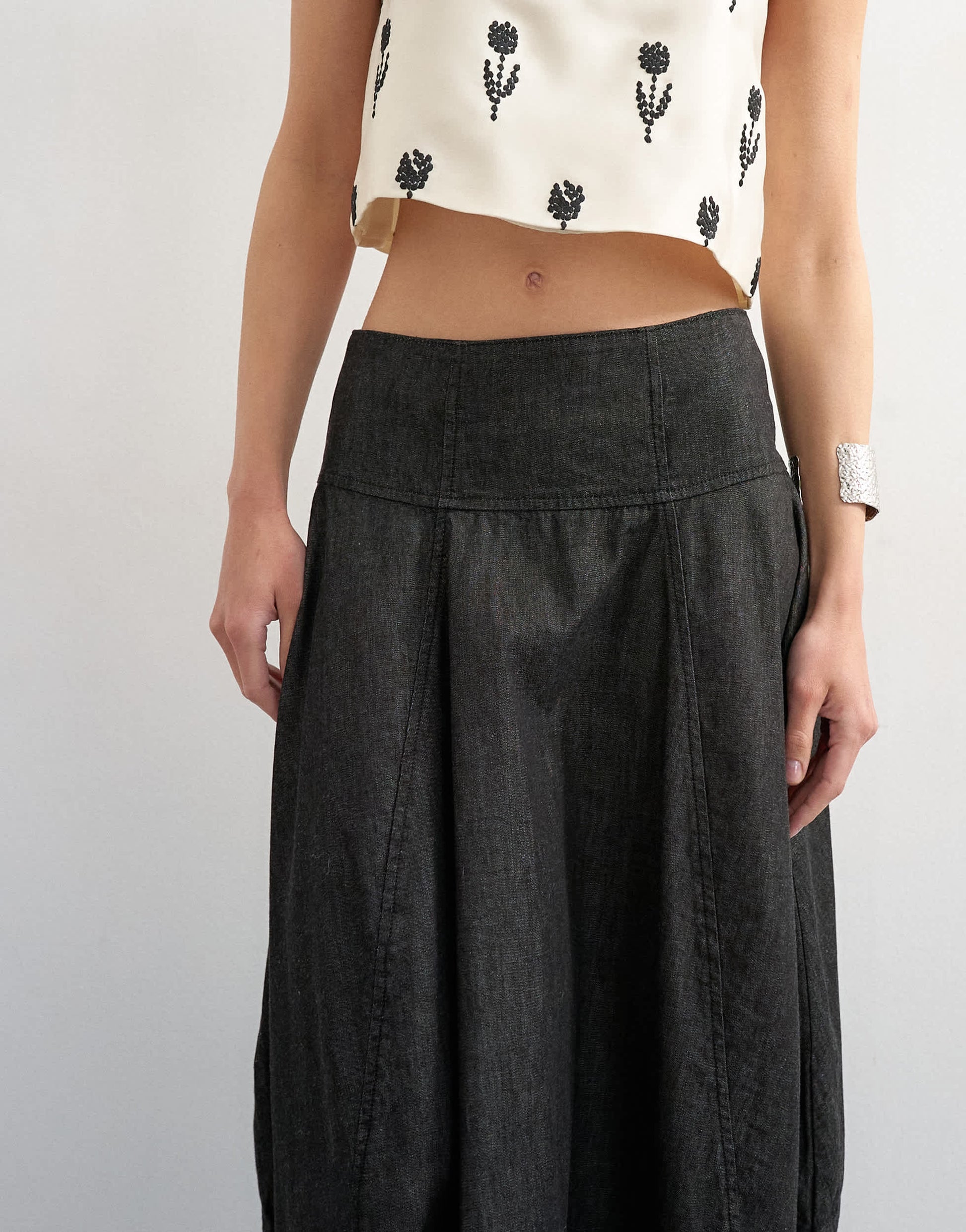 Topshop denim seamed barrel maxi skirt in black