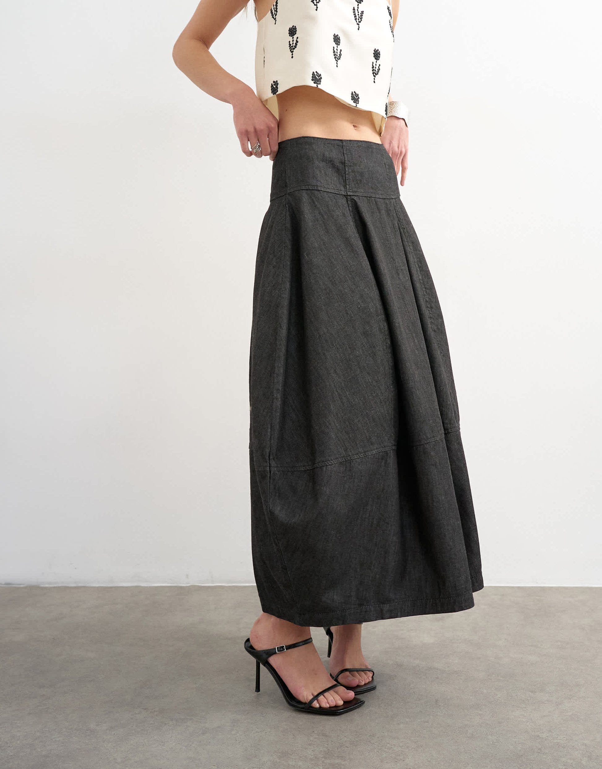 Topshop denim seamed barrel maxi skirt in black