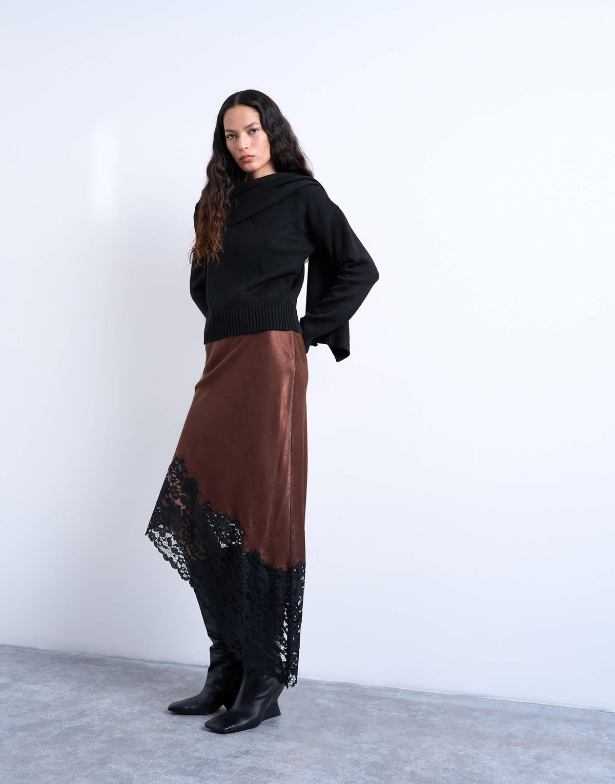 Topshop satin asymmetric lace hem midaxi skirt in brown with black lace 