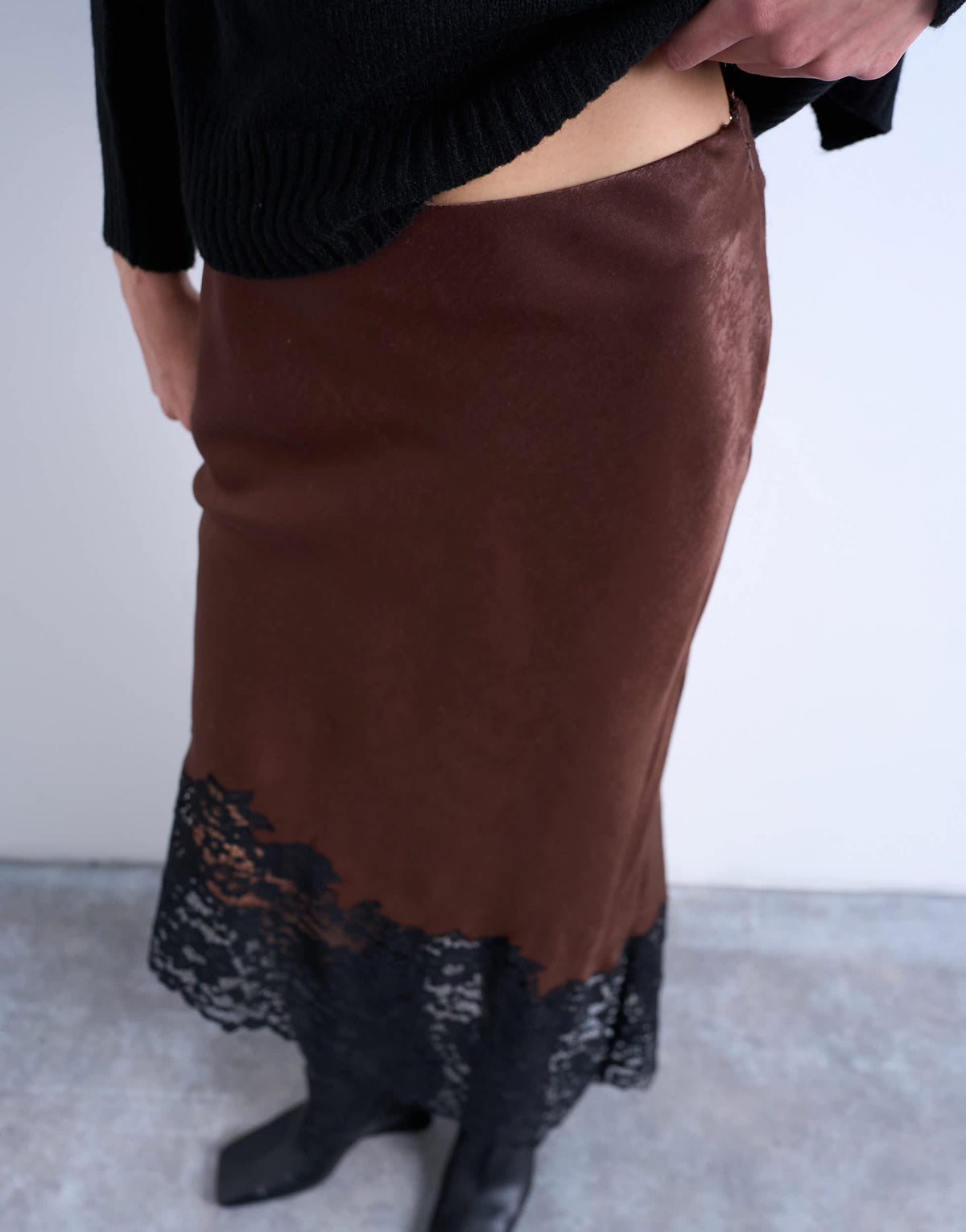 Topshop satin asymmetric lace hem midaxi skirt in brown with black lace 