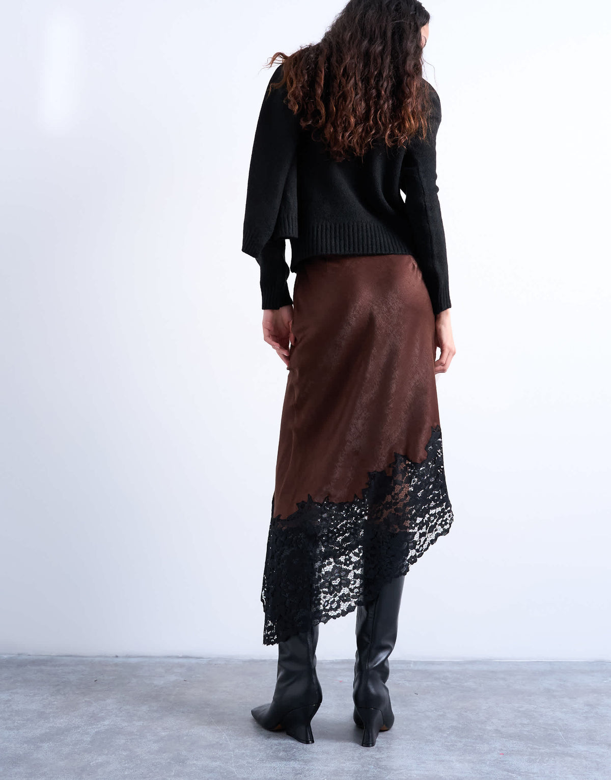 Topshop satin asymmetric lace hem midaxi skirt in brown with black lace 