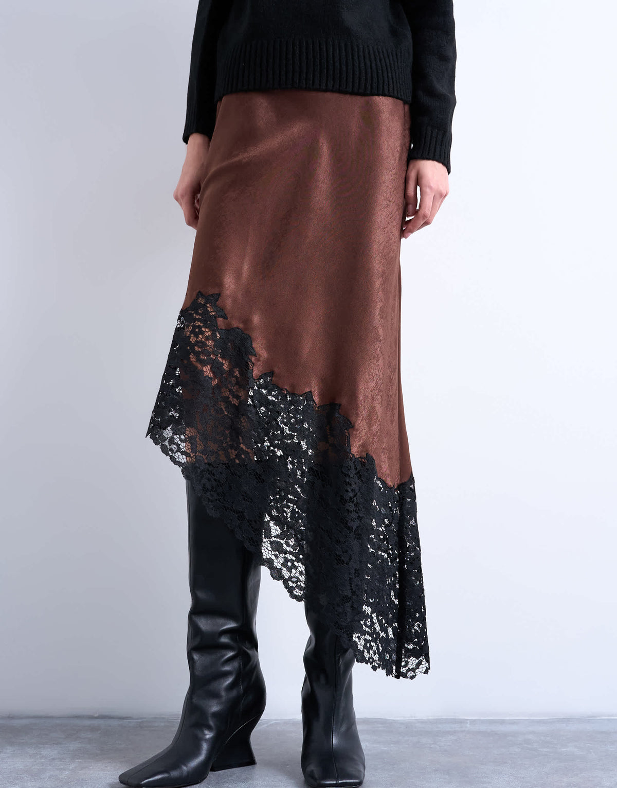 Topshop satin asymmetric lace hem midaxi skirt in brown with black lace 