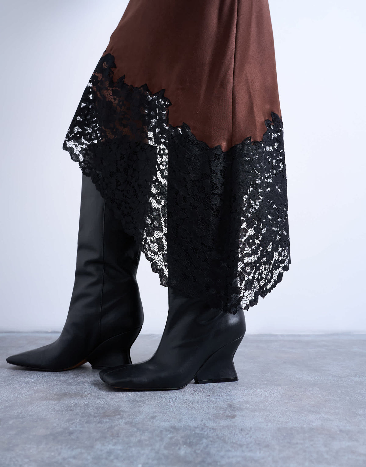 Topshop satin asymmetric lace hem midaxi skirt in brown with black lace 