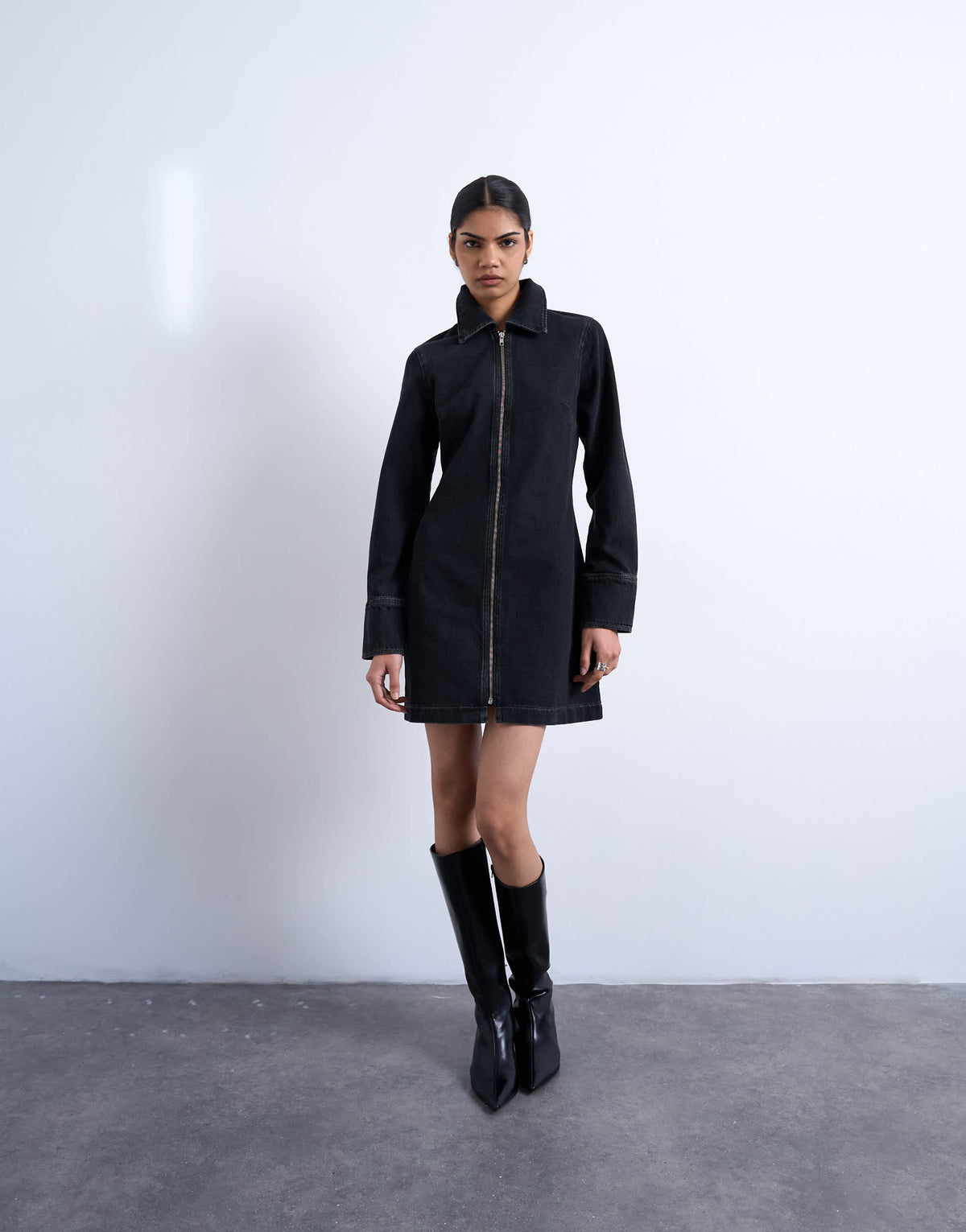 Topshop denim zip through long sleeve mini dress in washed black