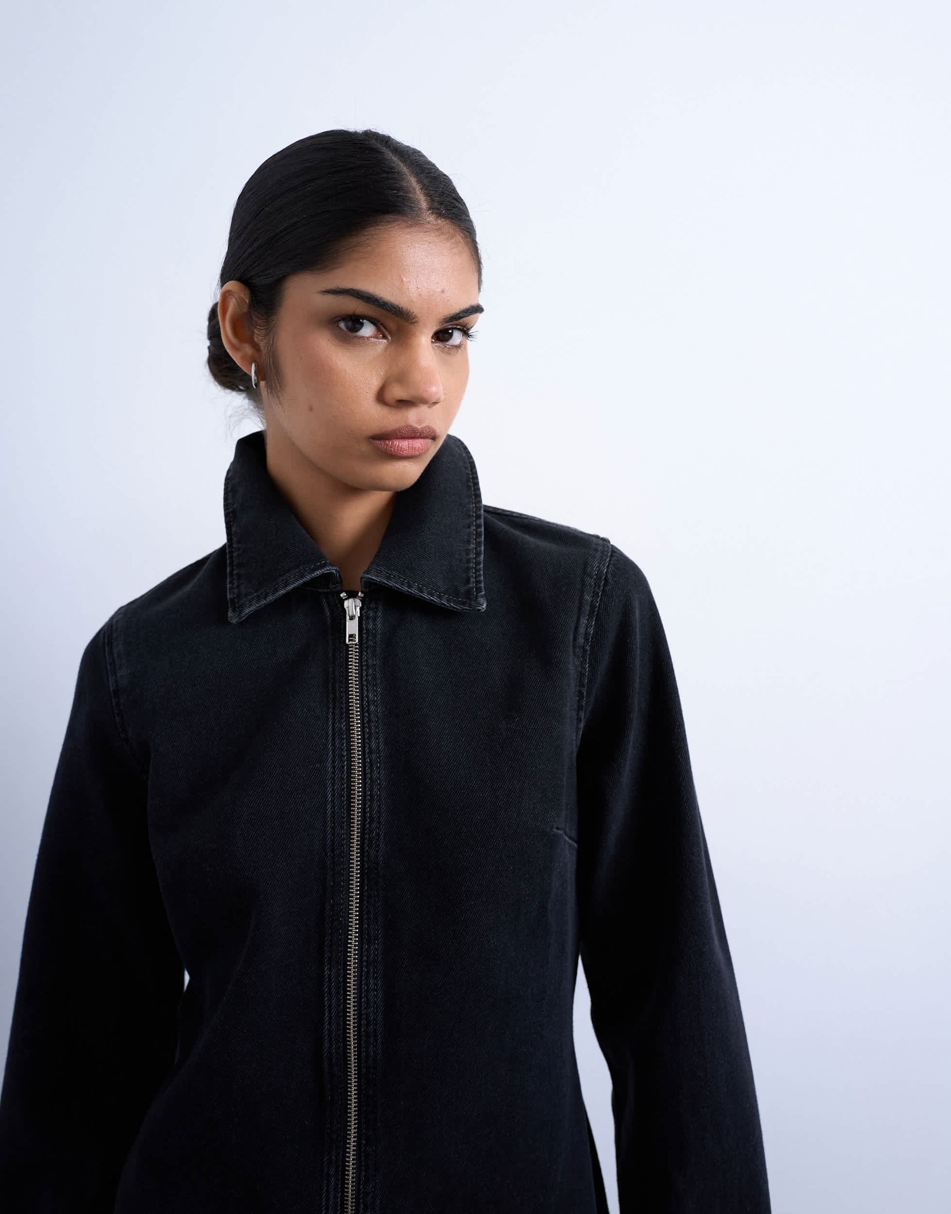 Topshop denim zip through long sleeve mini dress in washed black