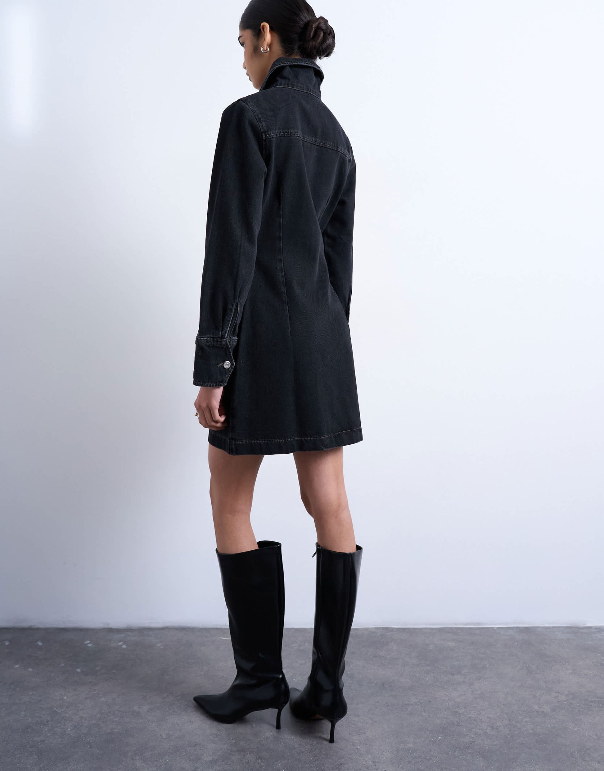 Topshop denim zip through long sleeve mini dress in washed black