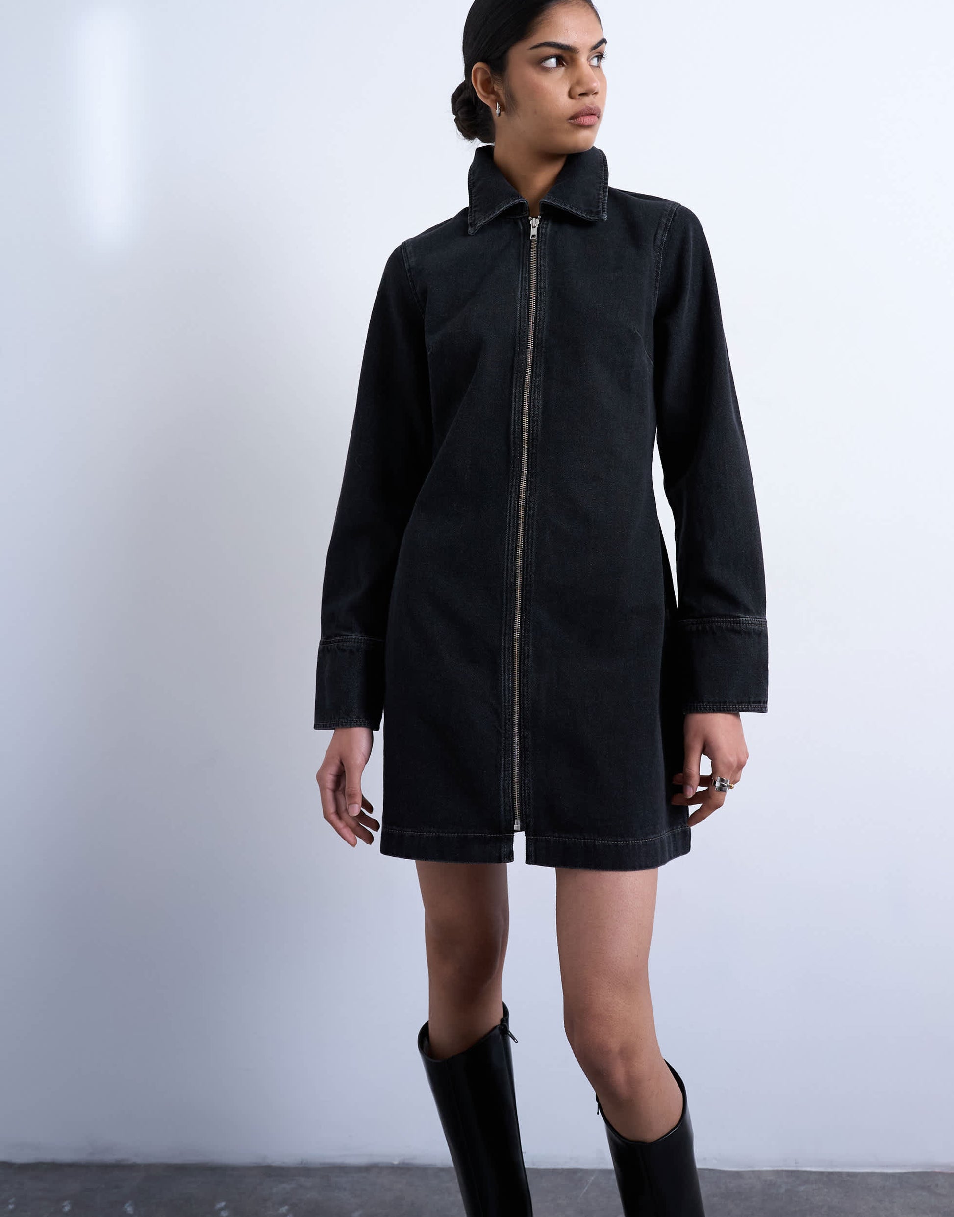Topshop denim zip through long sleeve mini dress in washed black