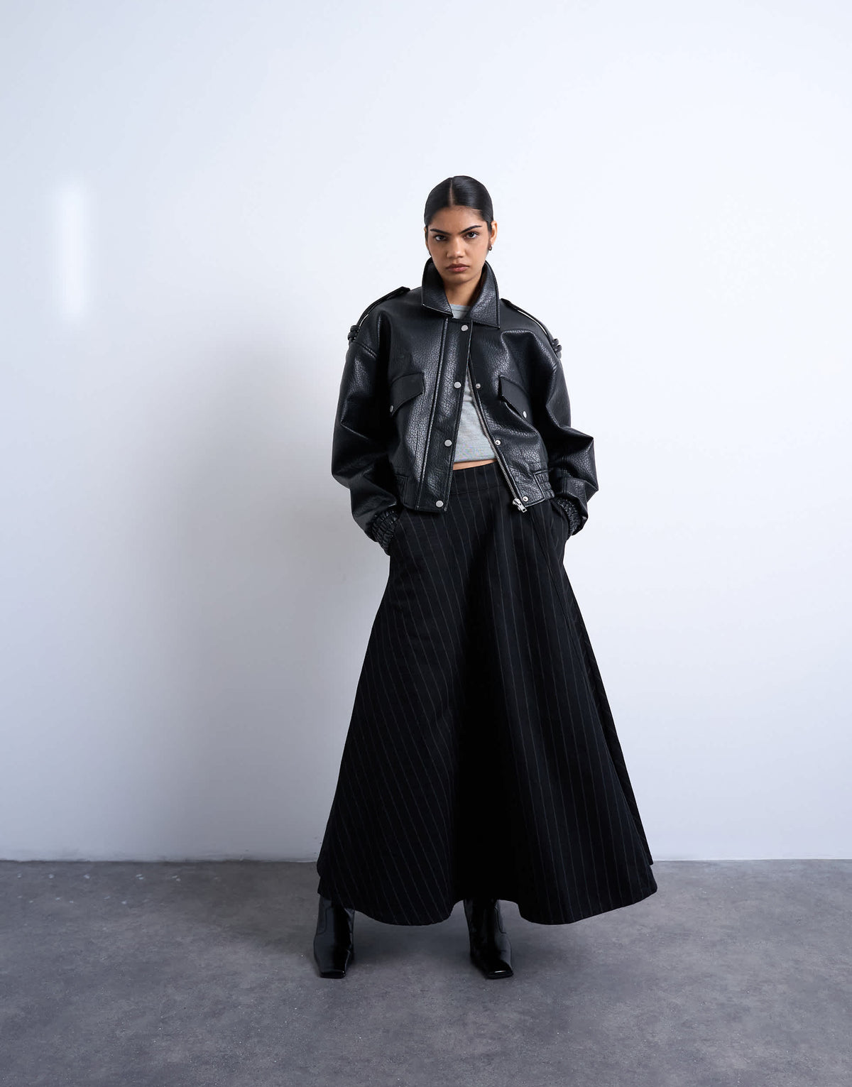Topshop denim circle skirt in black stripe