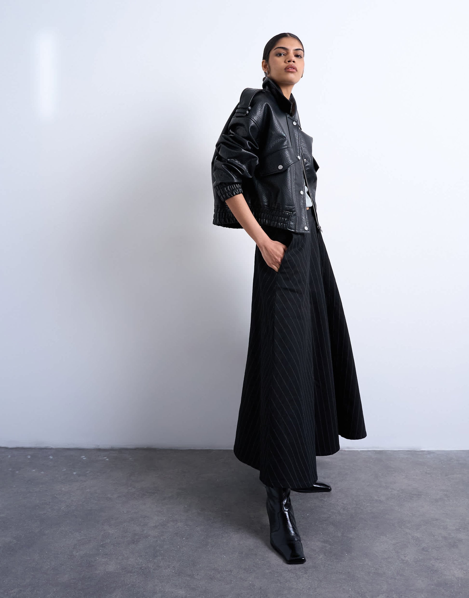 Topshop denim circle skirt in black stripe
