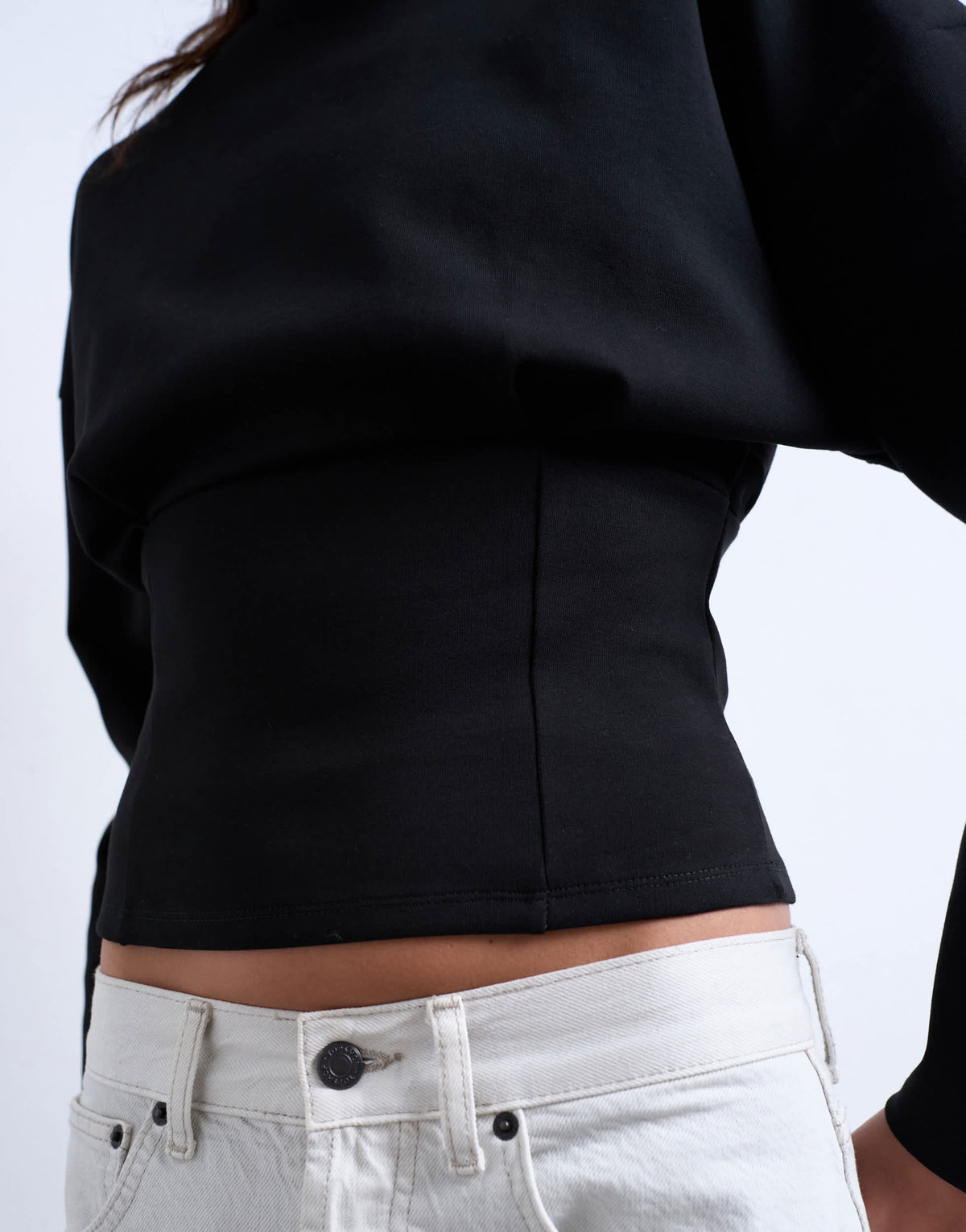 Topshop interlock corset waist long sleeve top in black