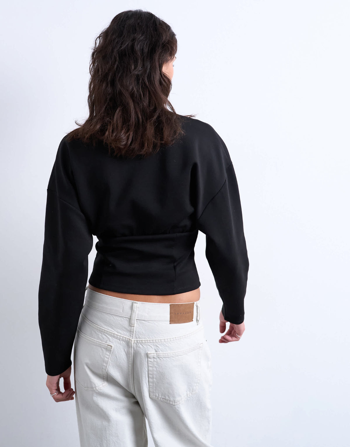 Topshop interlock corset waist long sleeve top in black