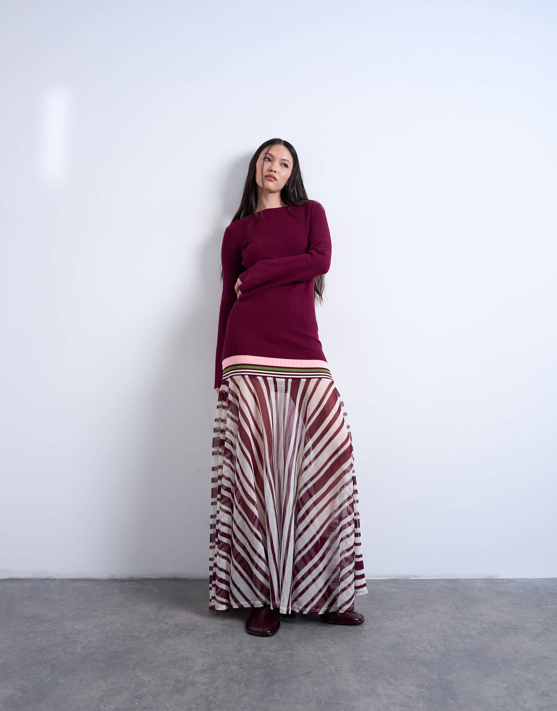 Topshop knitted stripe full skirt long sleeve dress in burgundy