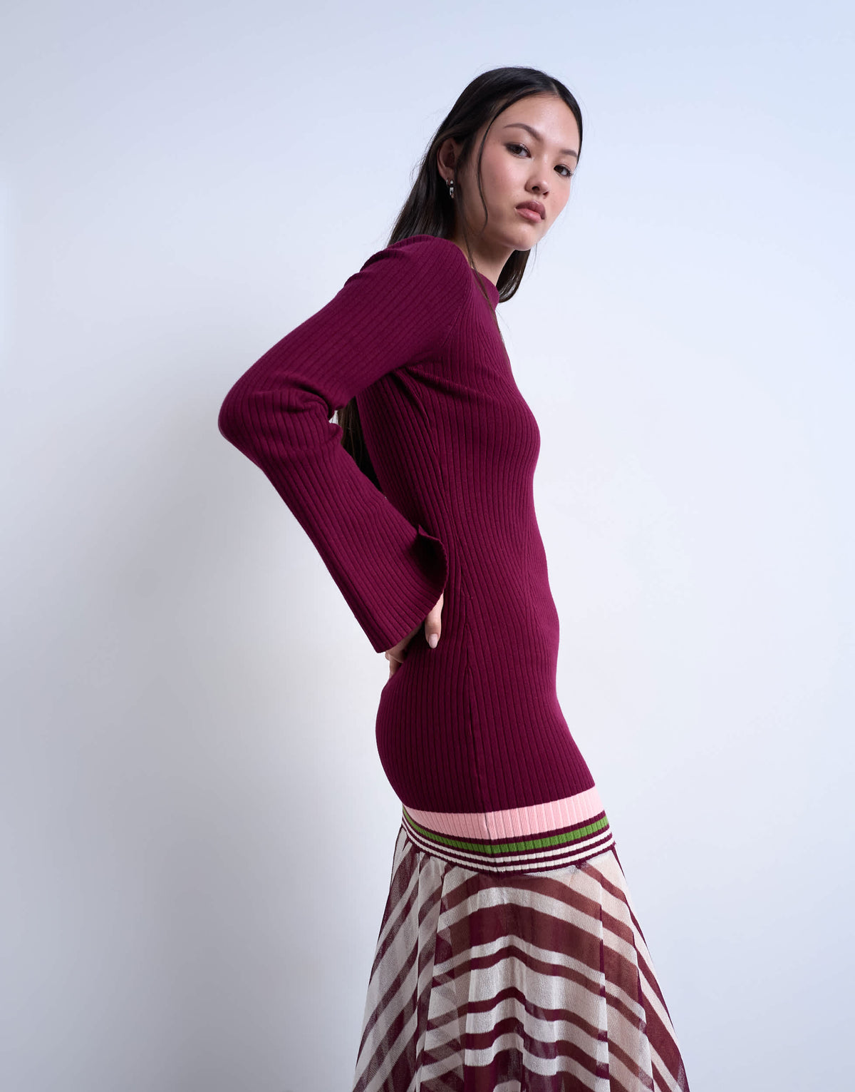Topshop knitted stripe full skirt long sleeve dress in burgundy