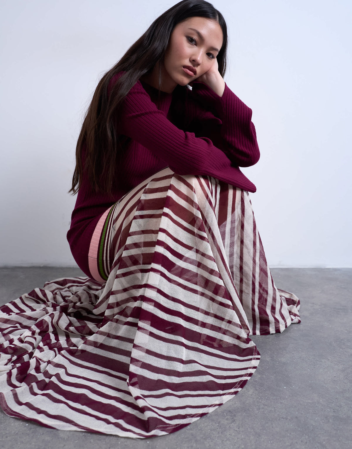Topshop knitted stripe full skirt long sleeve dress in burgundy
