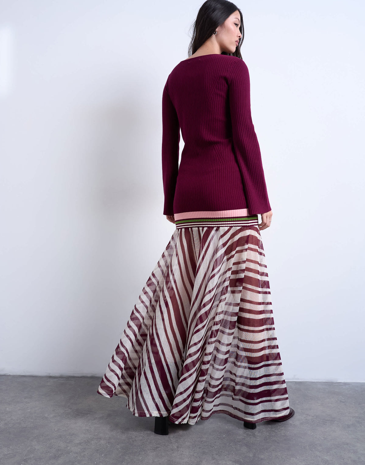 Topshop knitted stripe full skirt long sleeve dress in burgundy