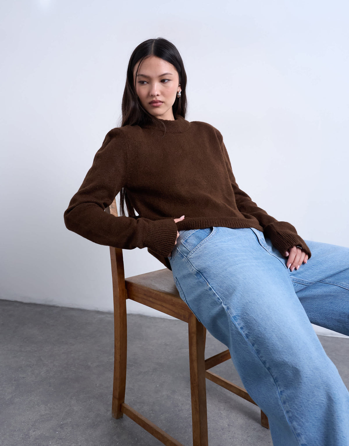 Topshop knitted high back cut out top with shoulder pads in chocolate