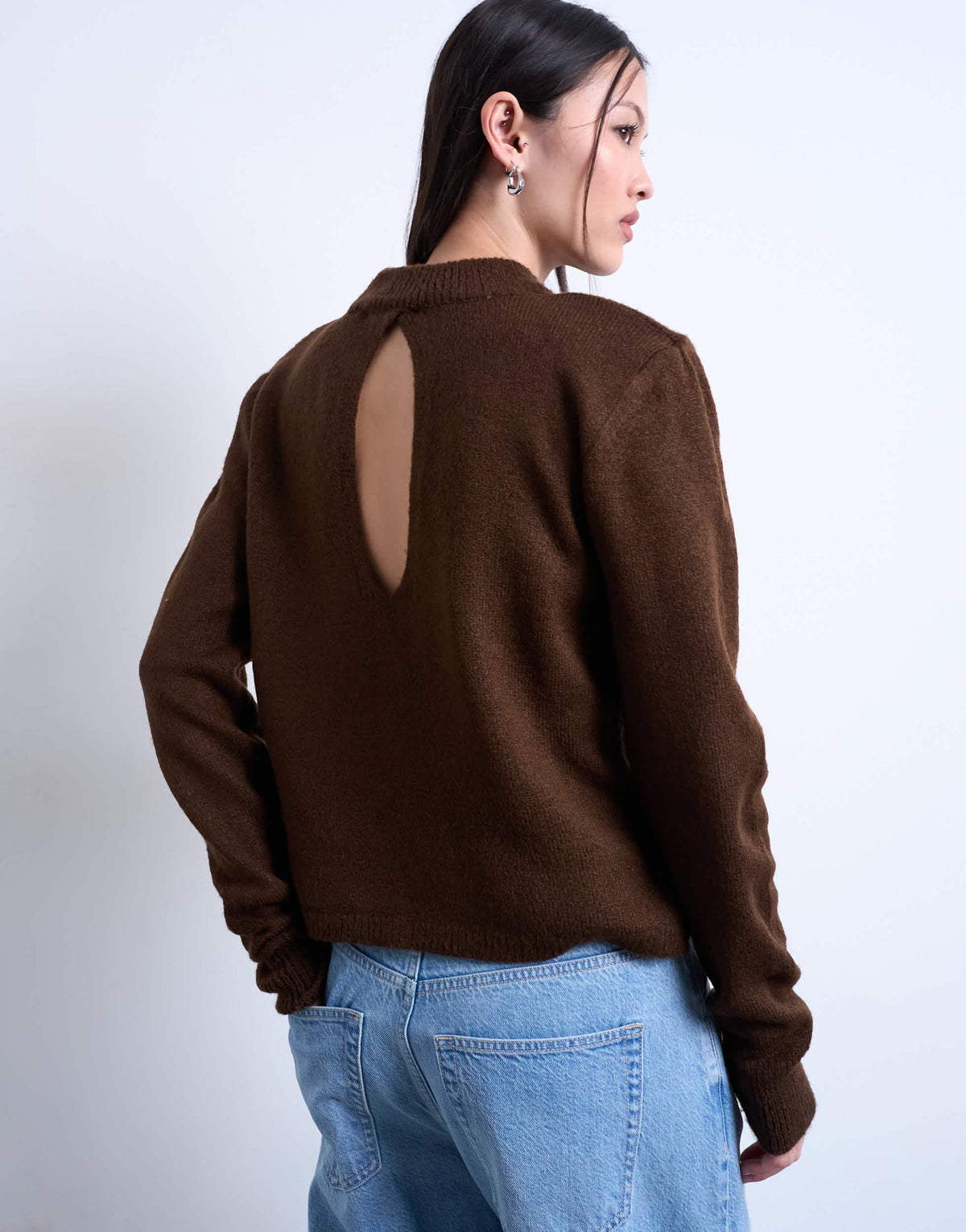 Topshop knitted high back cut out top with shoulder pads in chocolate