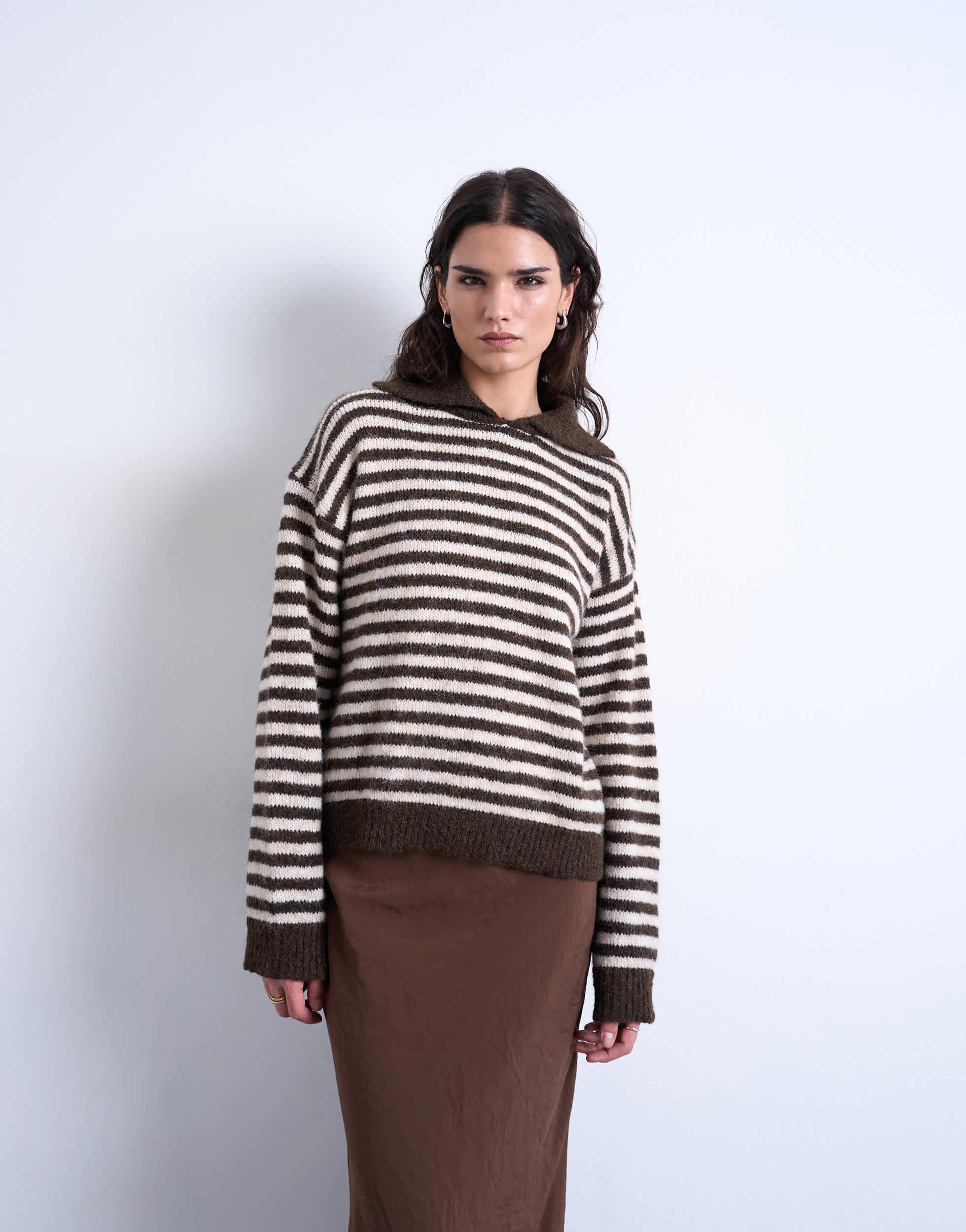 Topshop knitted stripe collared jumper in mono brown