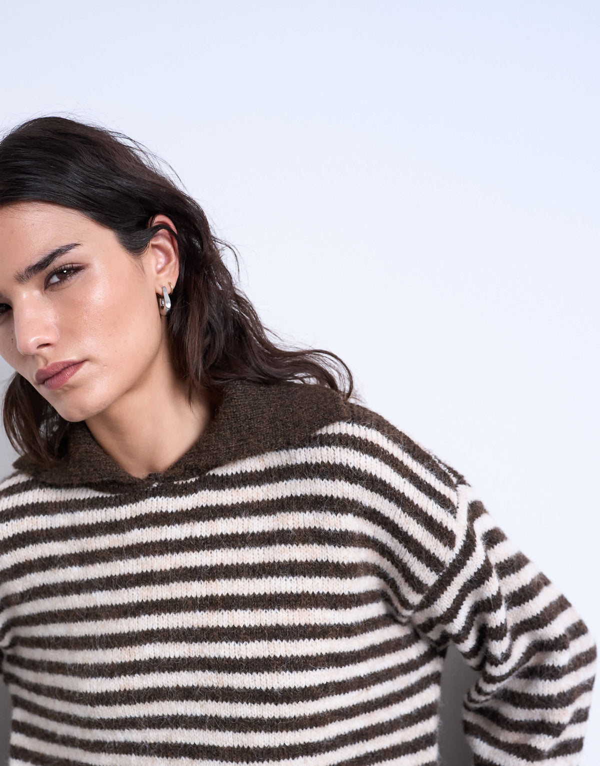 Topshop knitted stripe collared jumper in mono brown