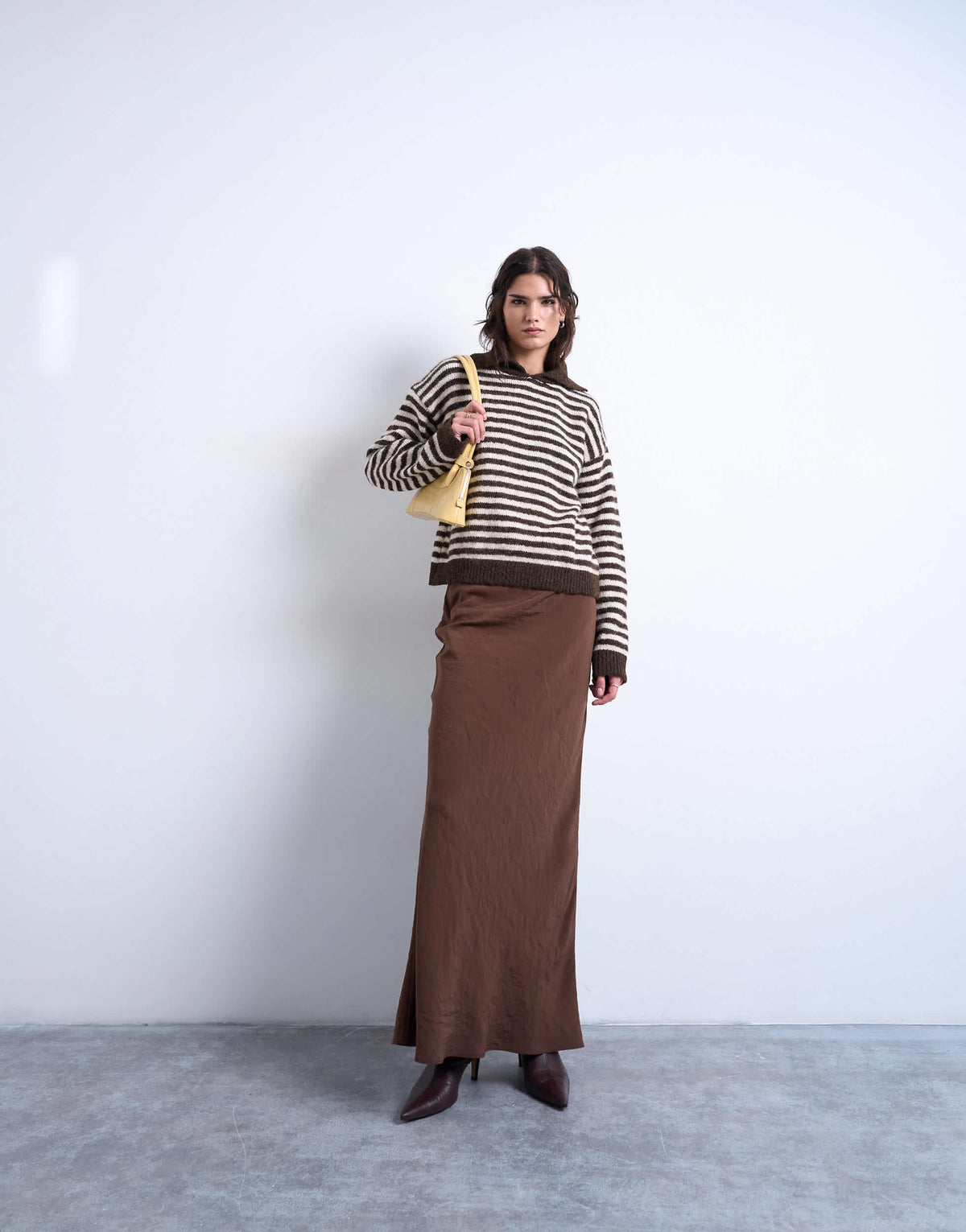 Topshop knitted stripe collared jumper in mono brown