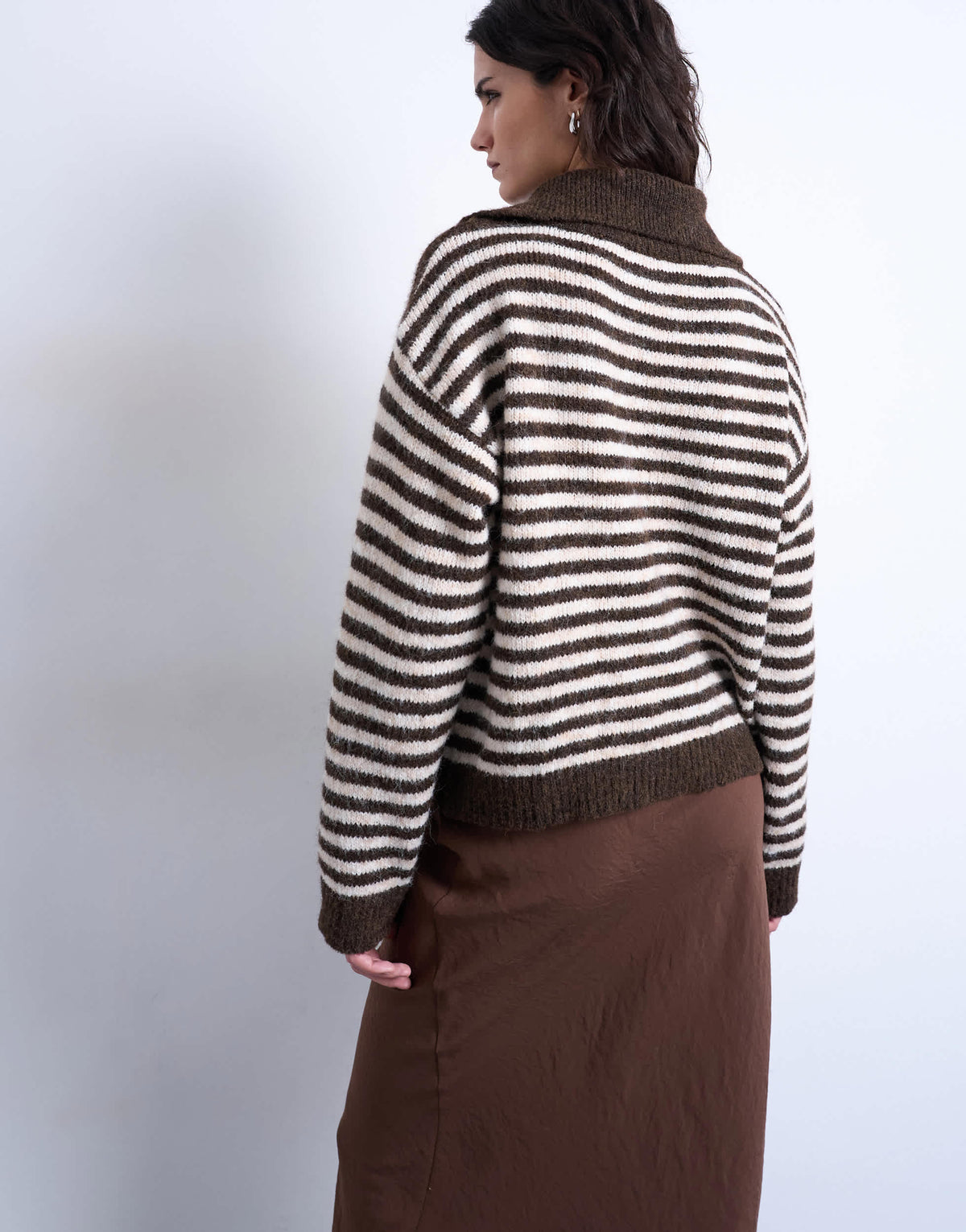 Topshop knitted stripe collared jumper in mono brown
