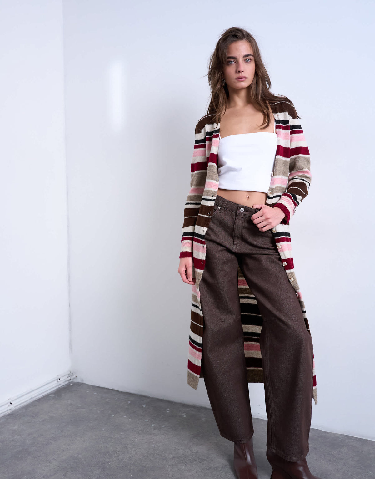 Topshop knitted longline stripe cardigan in multi