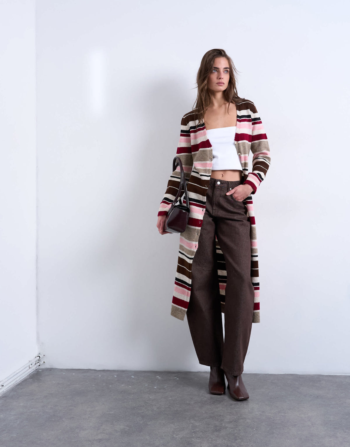 Topshop knitted longline stripe cardigan in multi