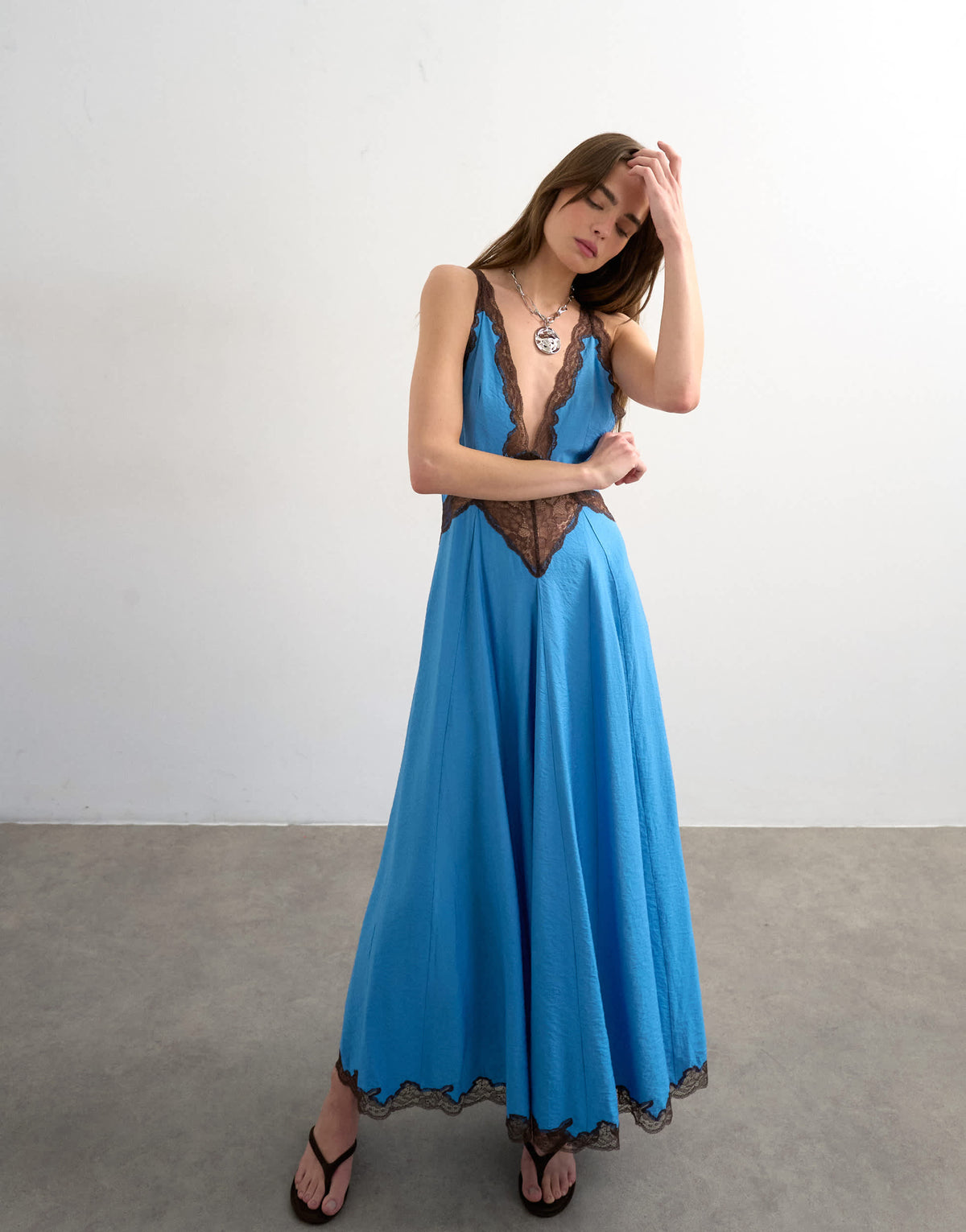 Topshop v neck slip maxi dress with chocolate contrast lace in cornflower blue