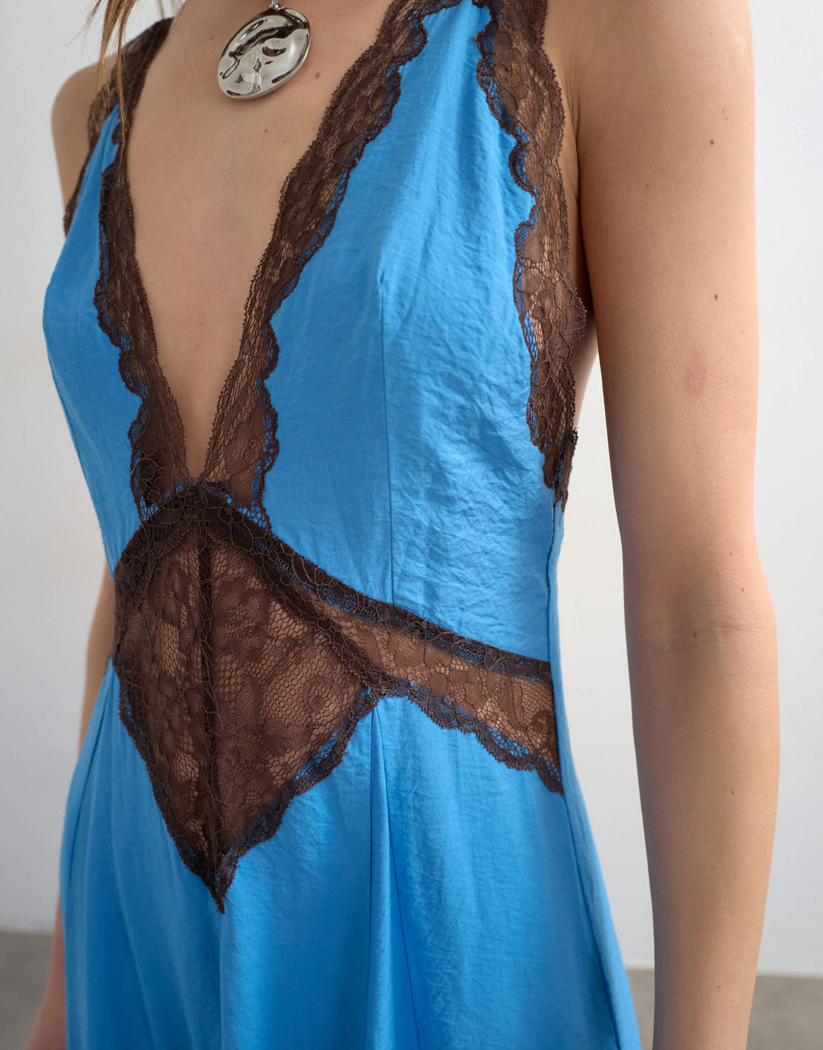 Topshop v neck slip maxi dress with chocolate contrast lace in cornflower blue