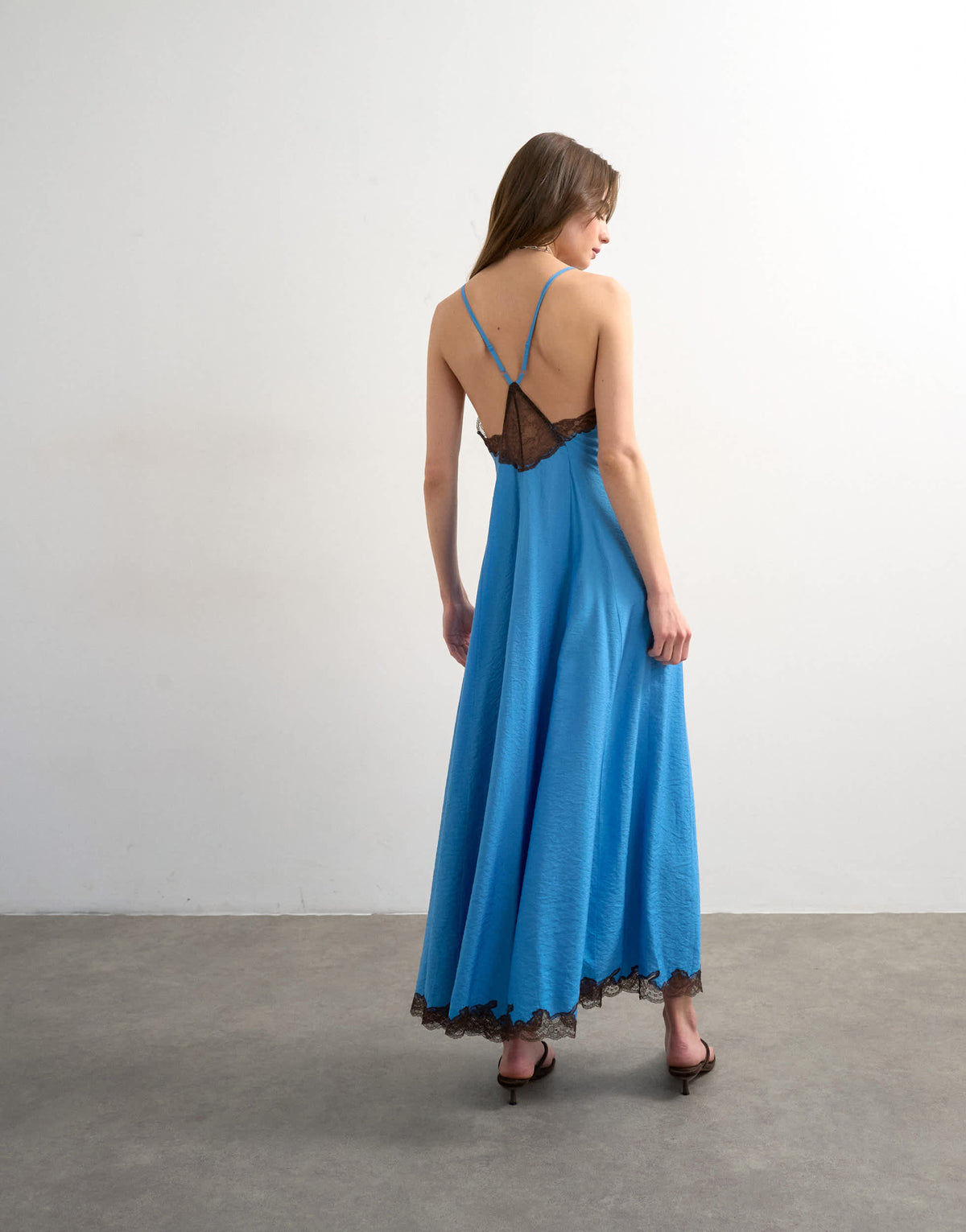 Topshop v neck slip maxi dress with chocolate contrast lace in cornflower blue