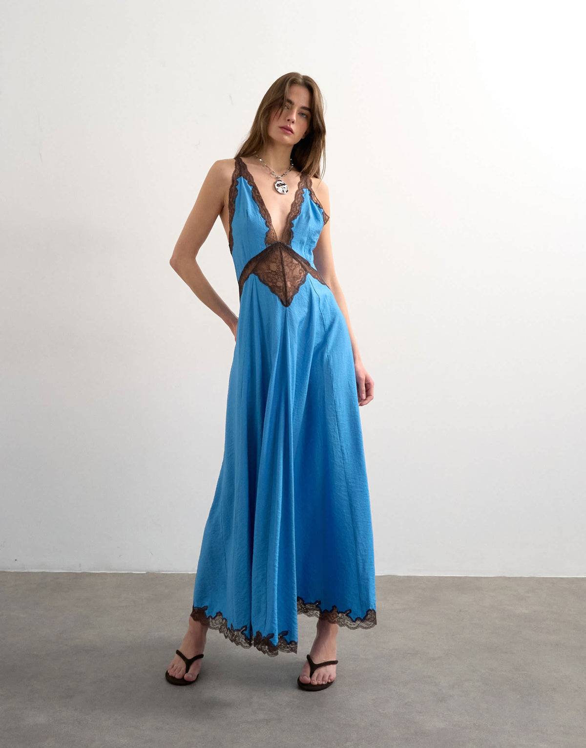 Topshop v neck slip maxi dress with chocolate contrast lace in cornflower blue