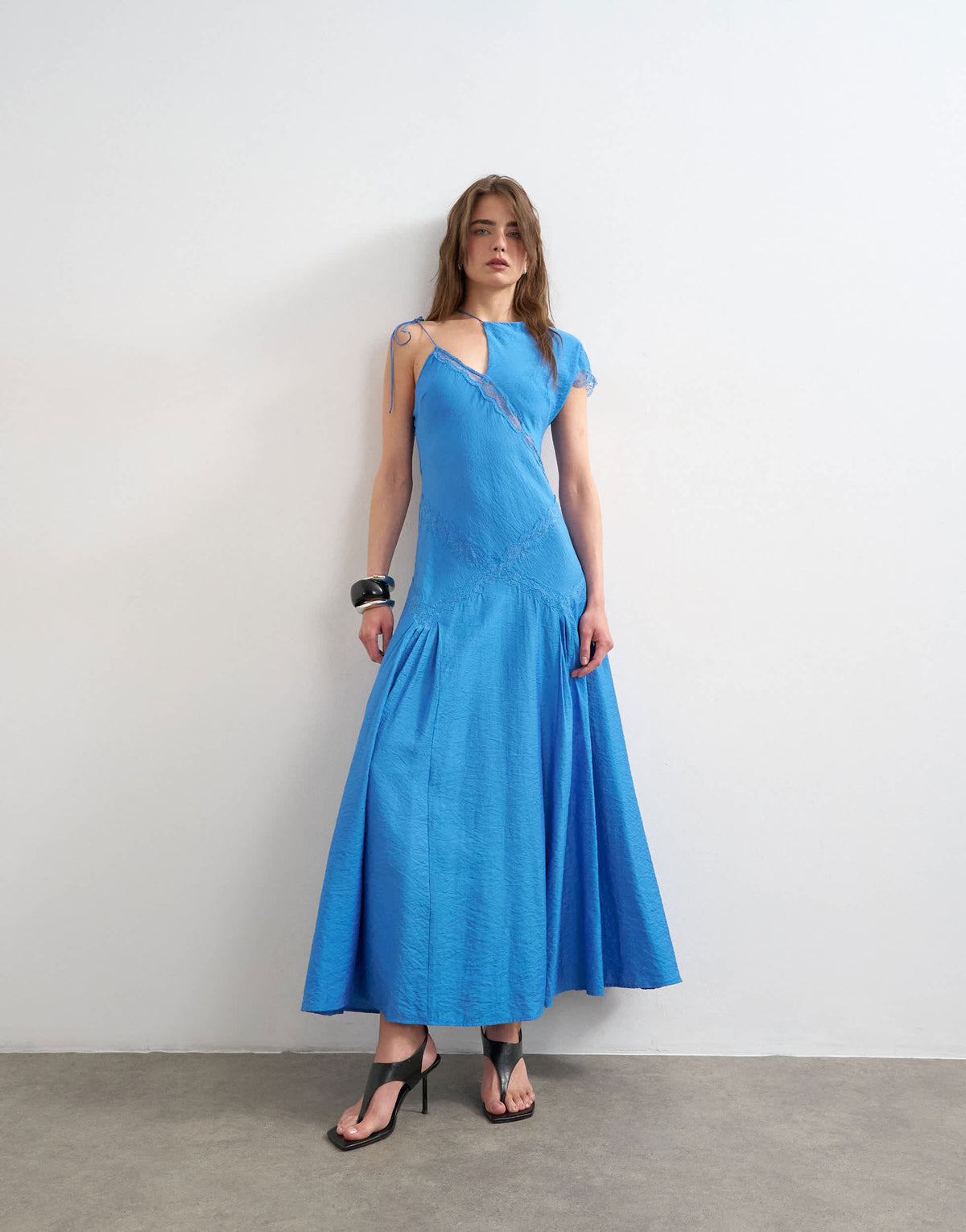 Topshop one sleeve crinkled maxi dress with lace inserts in cornflower blue