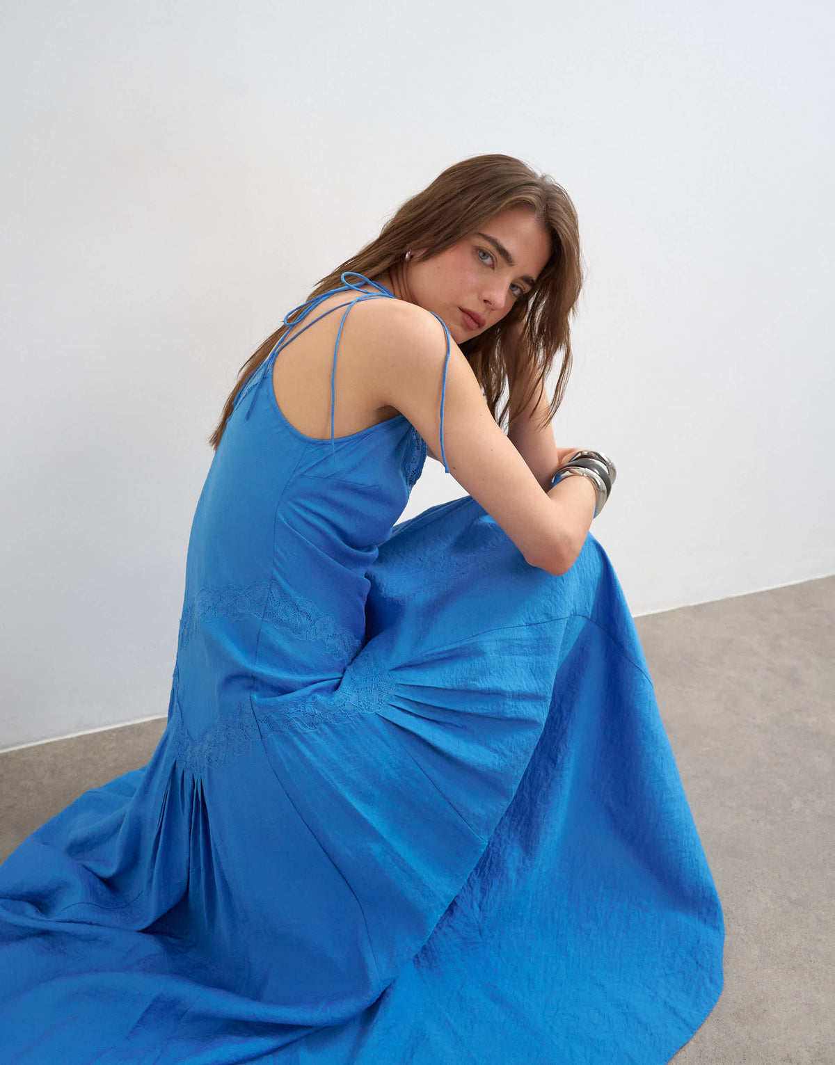 Topshop one sleeve crinkled maxi dress with lace inserts in cornflower blue