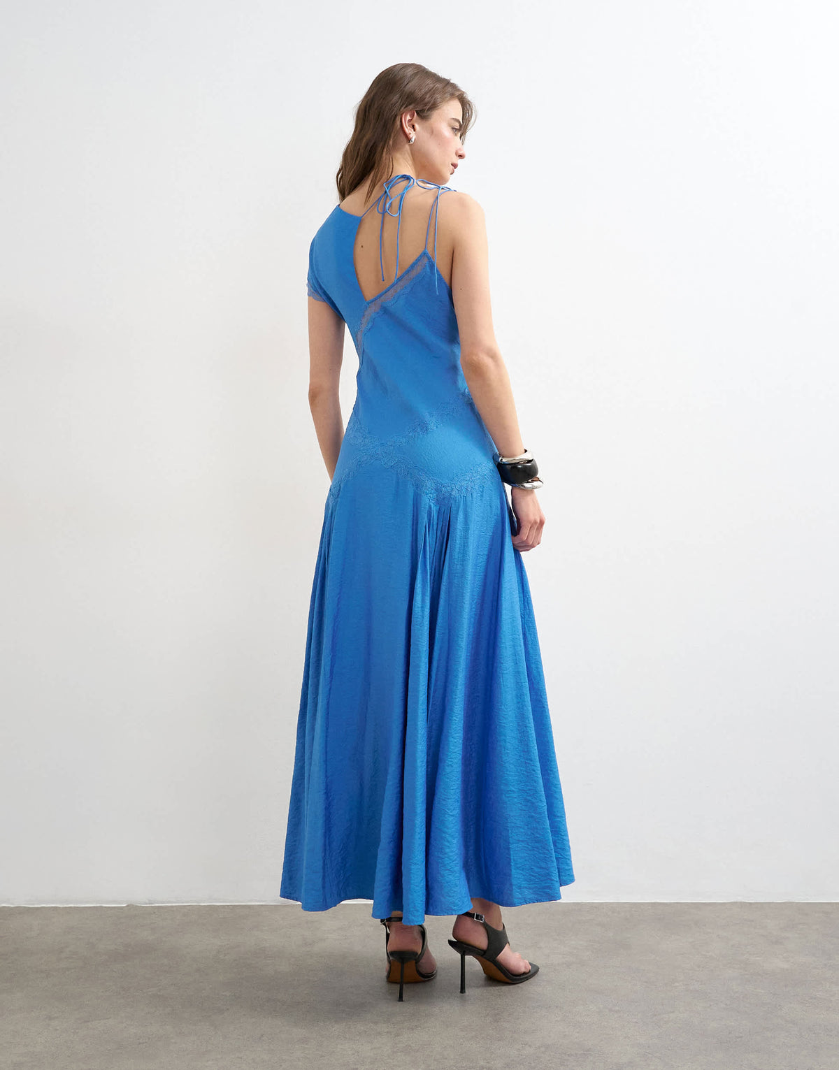 Topshop one sleeve crinkled maxi dress with lace inserts in cornflower blue