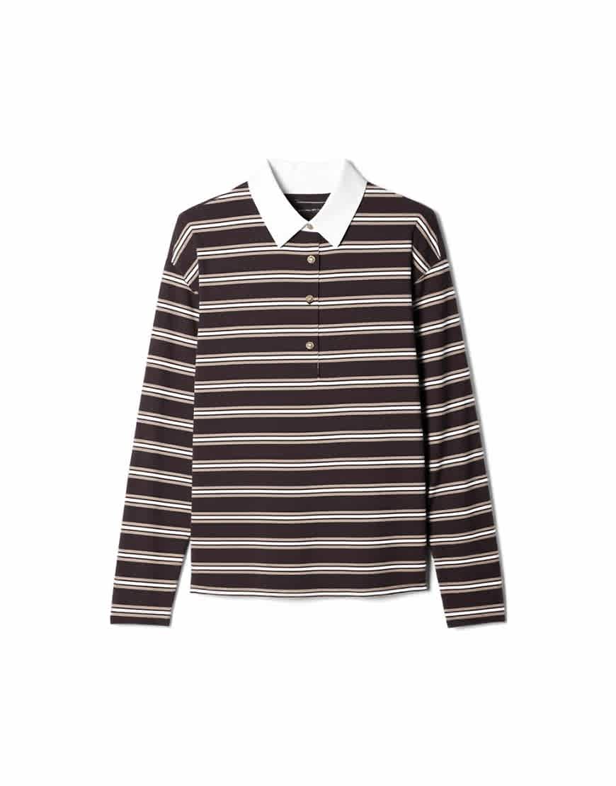 Topshop stripe rugby long sleeve polo top in chocolate