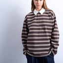 Topshop stripe rugby long sleeve polo top in chocolate
