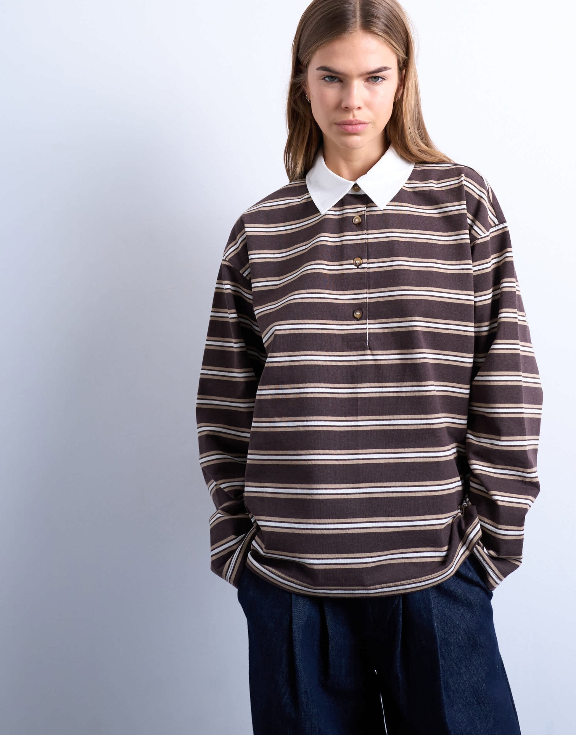Topshop stripe rugby long sleeve polo top in chocolate