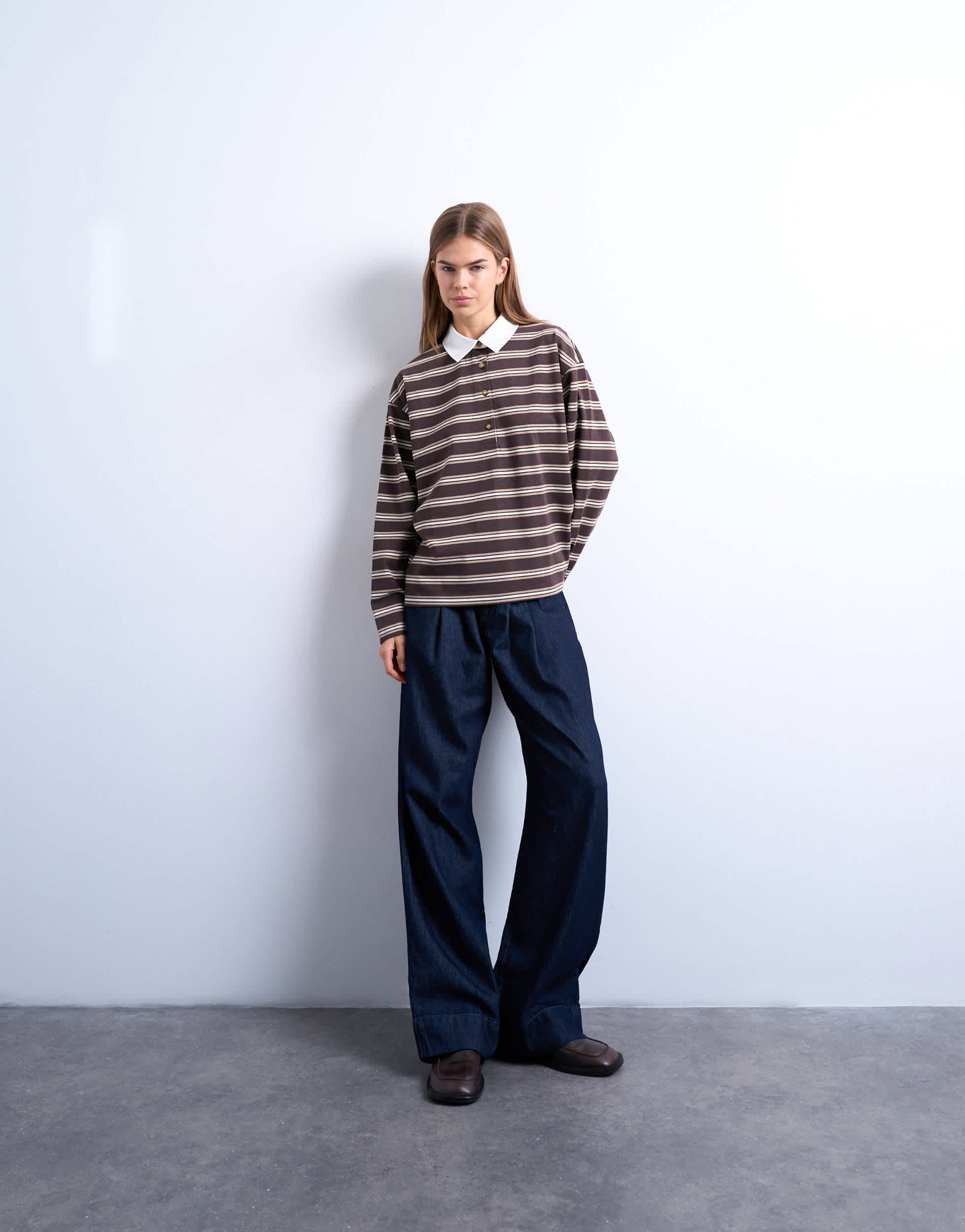 Topshop stripe rugby long sleeve polo top in chocolate