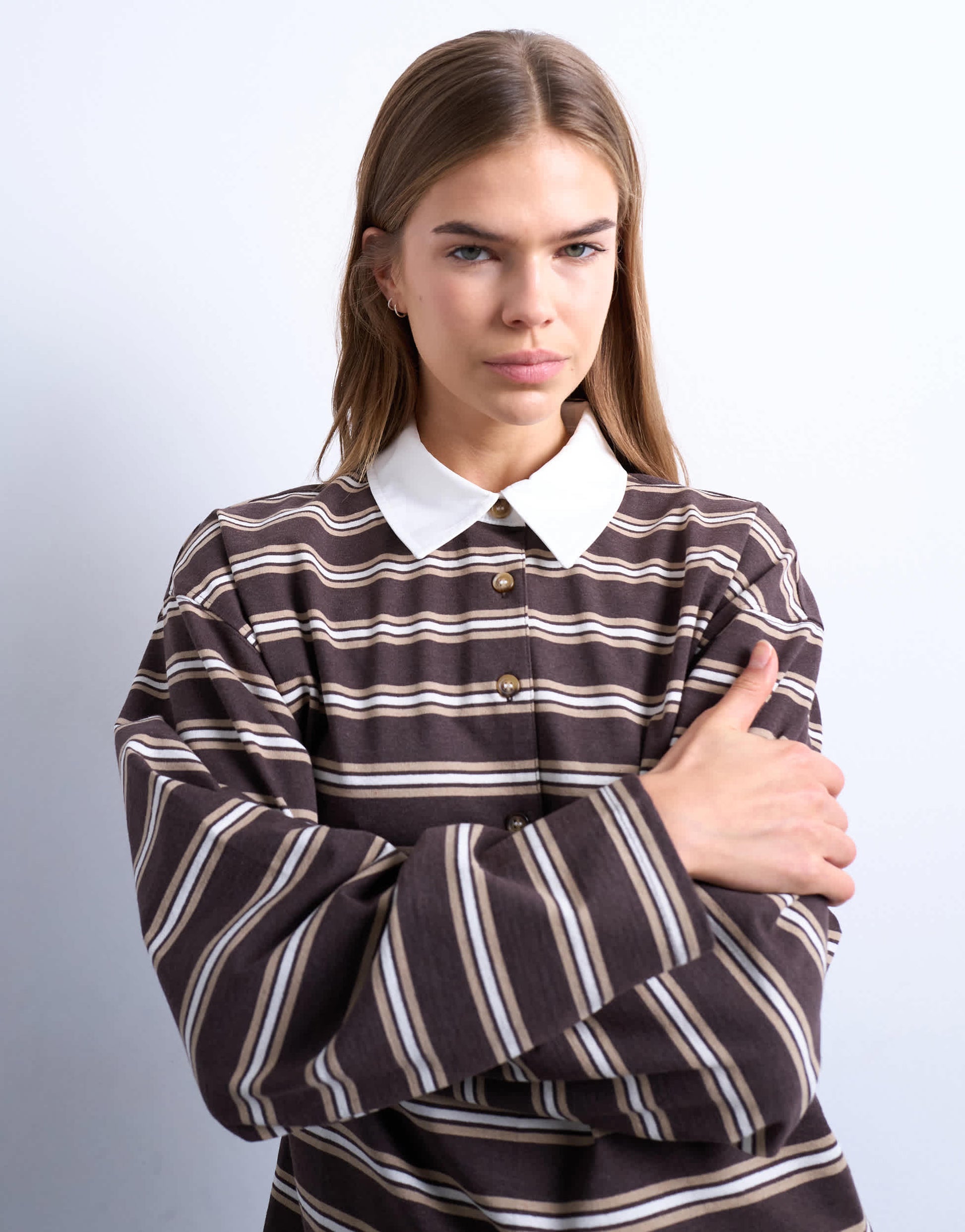 Topshop stripe rugby long sleeve polo top in chocolate