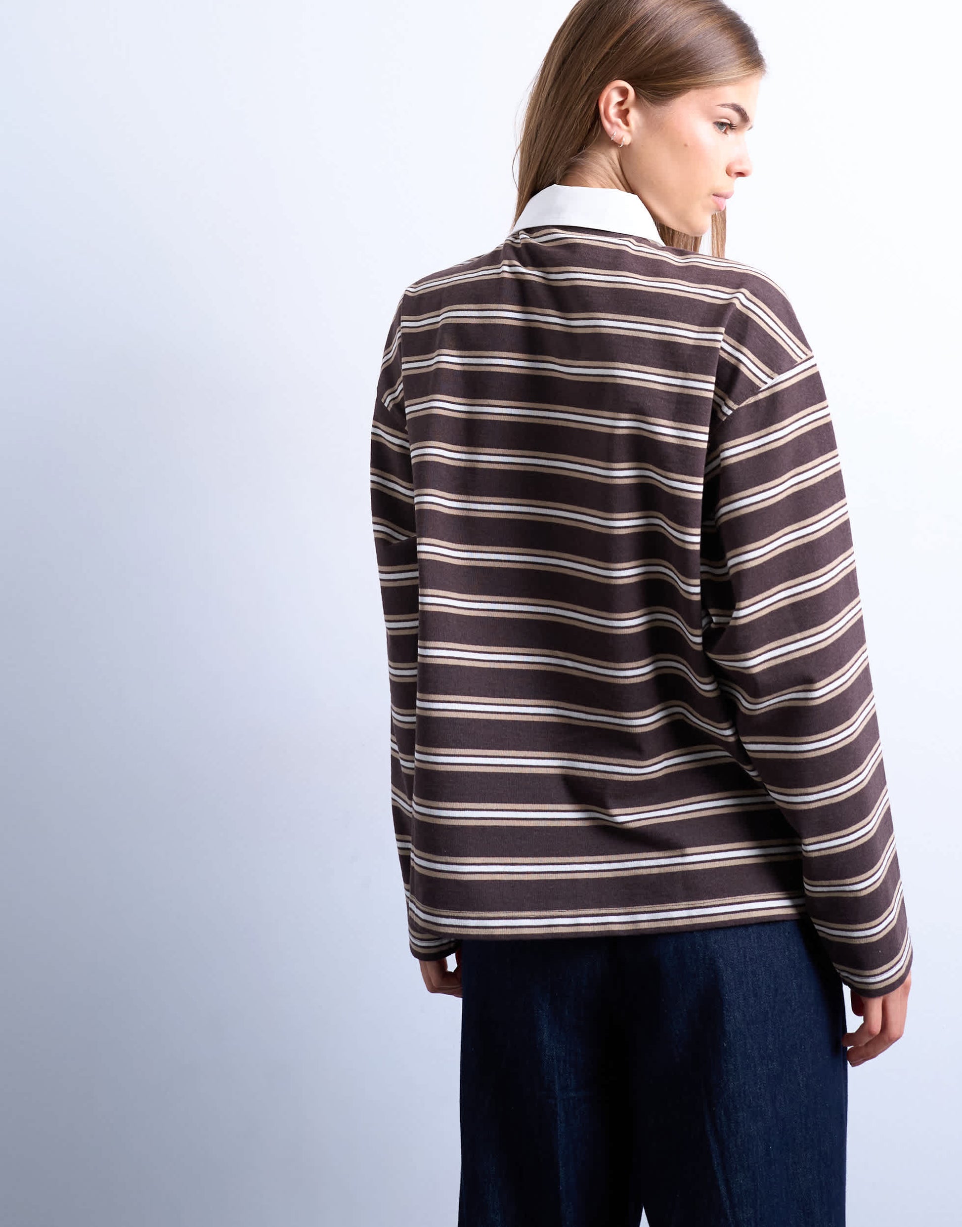 Topshop stripe rugby long sleeve polo top in chocolate