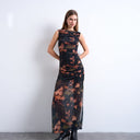 Topshop mesh floral print ruched maxi dress in black